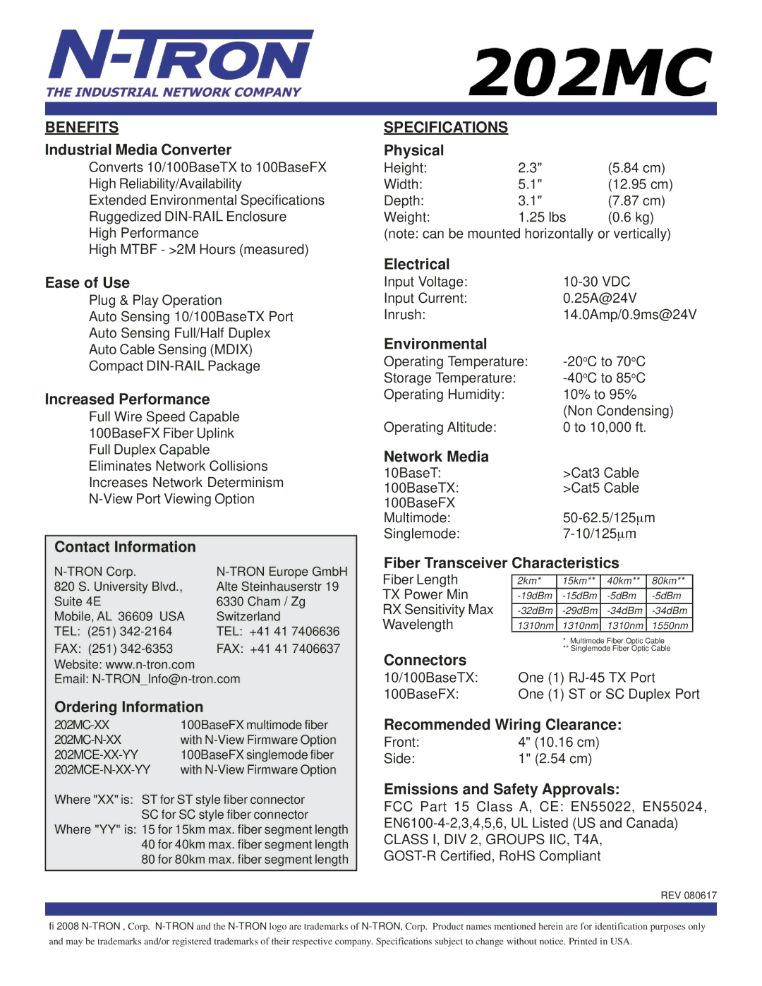 N-Tron 202MC specifications Benefits, Specifications, Connectors, Recommended Wiring Clearance 