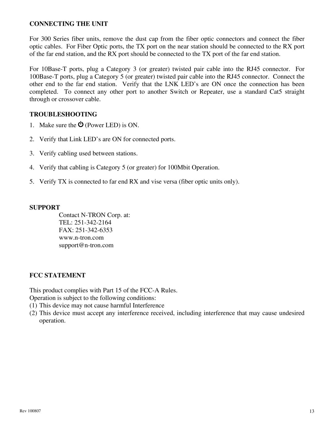 N-Tron 300 Series manual Connecting the Unit, Troubleshooting, Support FCC Statement 