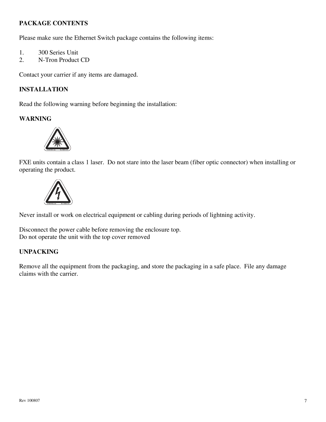 N-Tron 300 Series manual Package Contents, Installation, Unpacking 