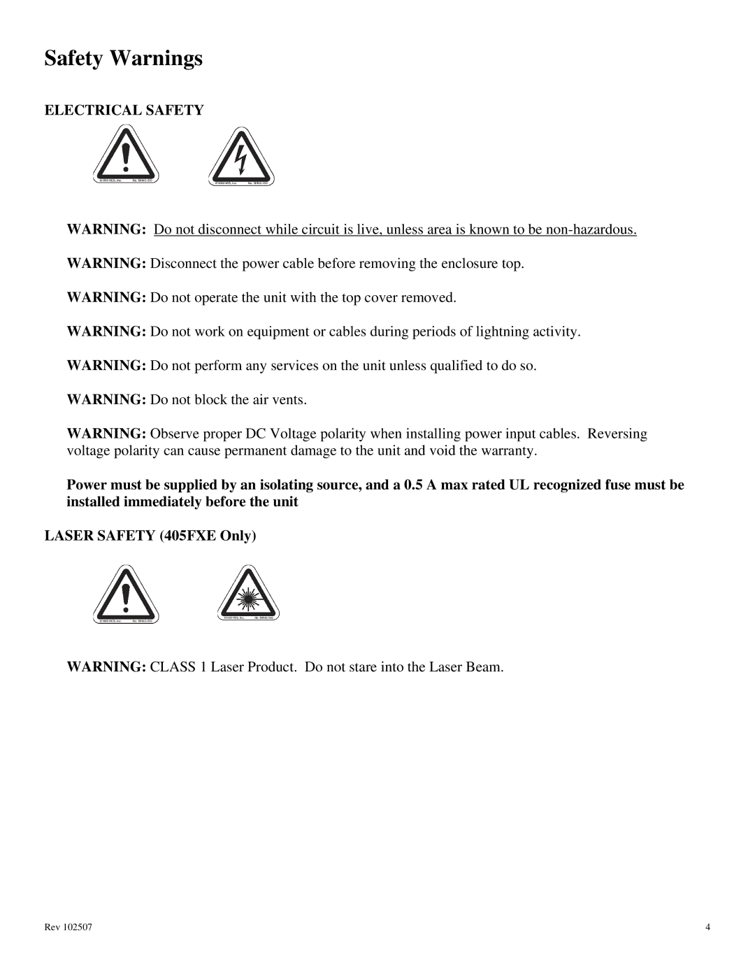 N-Tron 400 manual Safety Warnings, Electrical Safety 