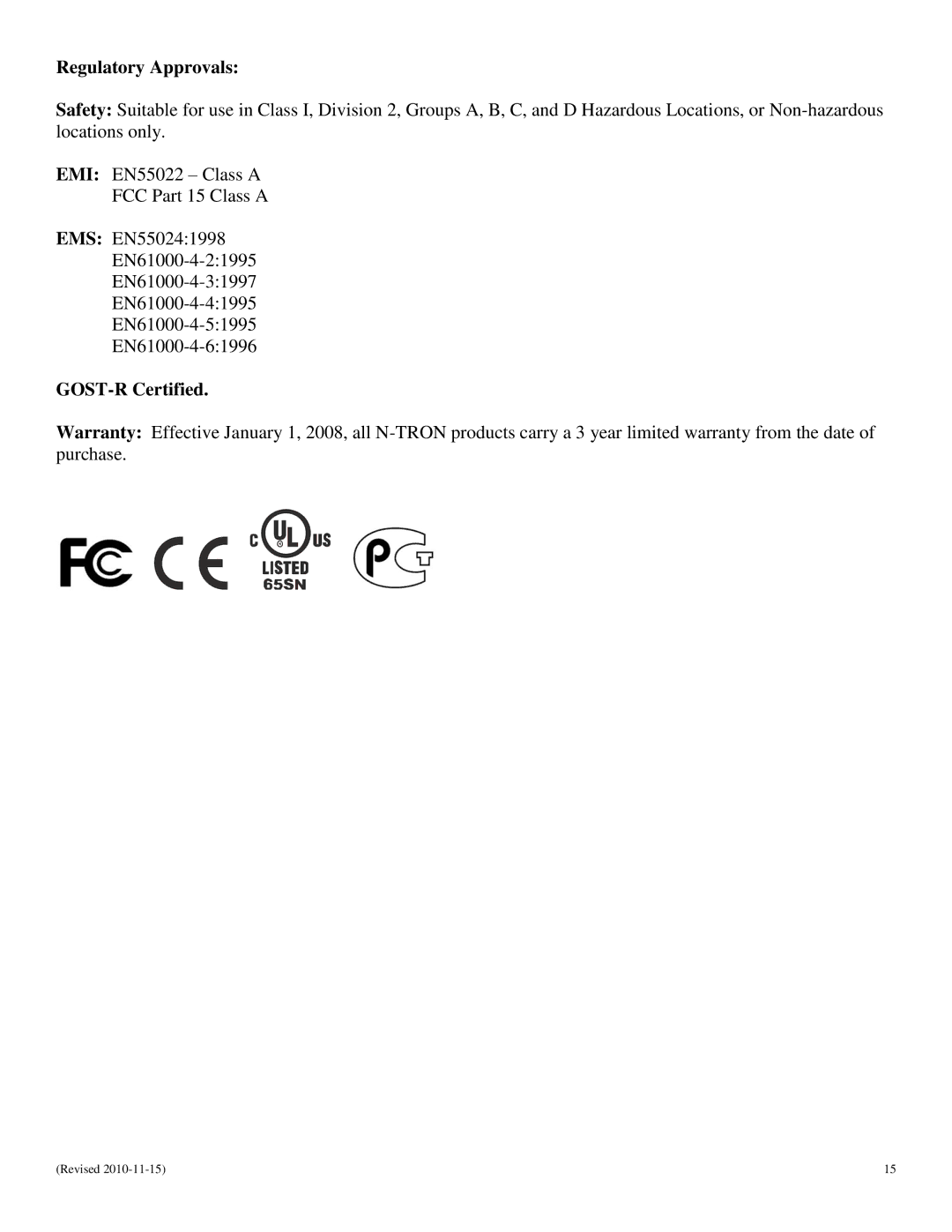 N-Tron 405FX-SC, 405FX-ST, 405FXE-ST-YY, 405FXE-SC-YY manual Regulatory Approvals, GOST-R Certified 