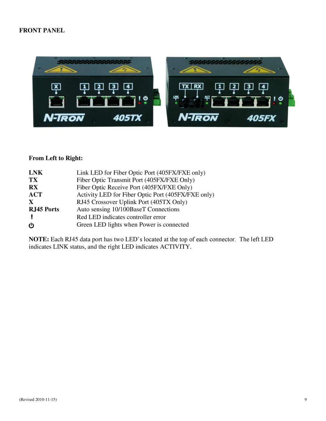 N-Tron 405FXE-ST-YY, 405FX-ST, 405FXE-SC-YY, 405FX-SC manual Front Panel, From Left to Right, Lnk, Act, RJ45 Ports 