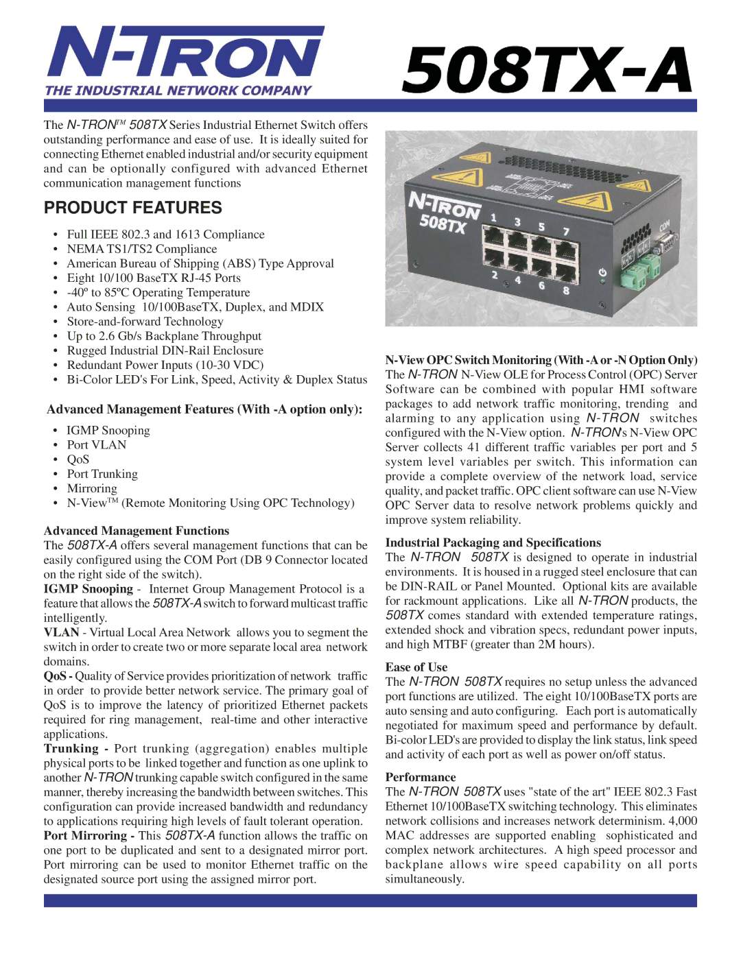 N-Tron 508TX-A specifications Advanced Management Functions, View OPC Switch Monitoring With -Aor -N Option Only 