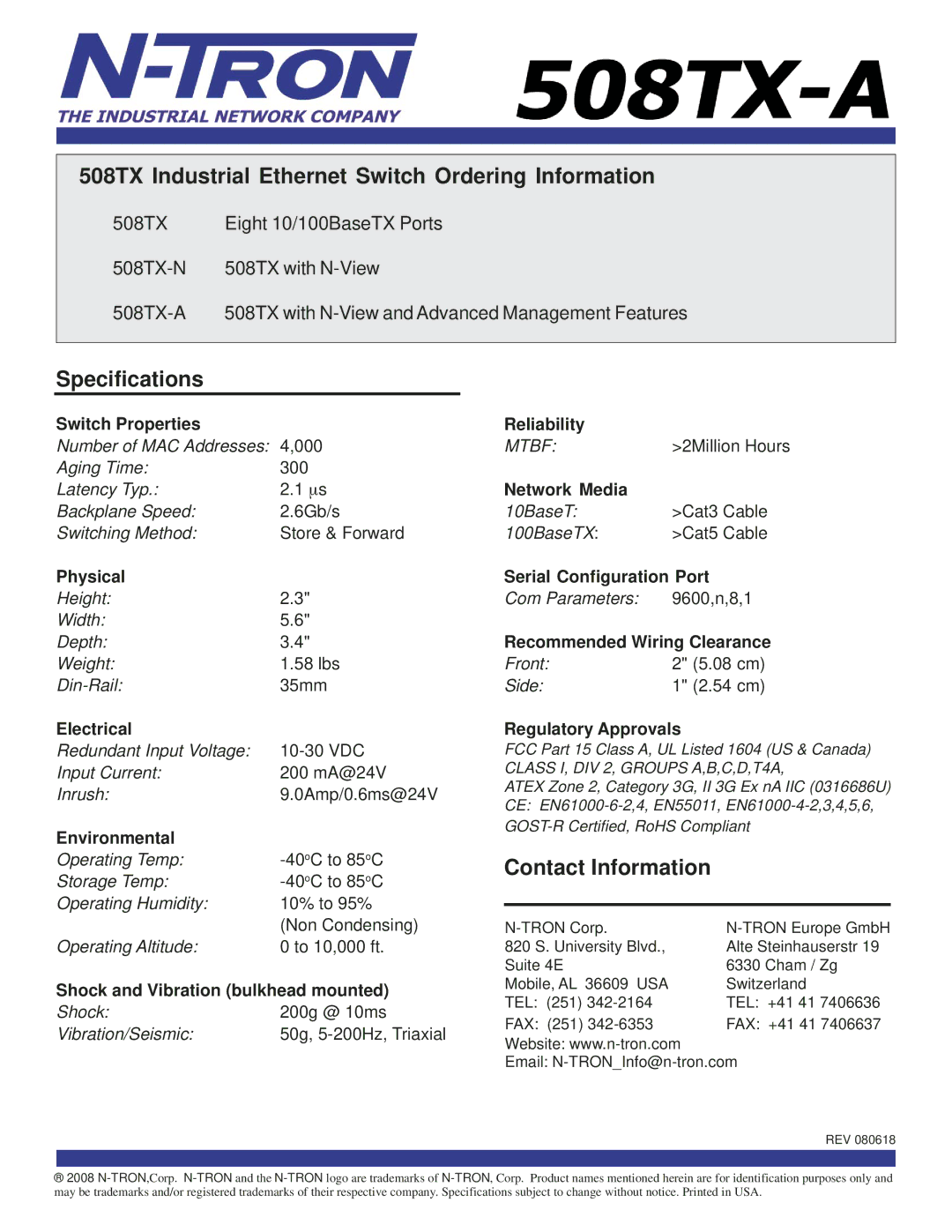 N-Tron 508TX-A specifications 508TX Industrial Ethernet Switch Ordering Information, Specifications, Contact Information 