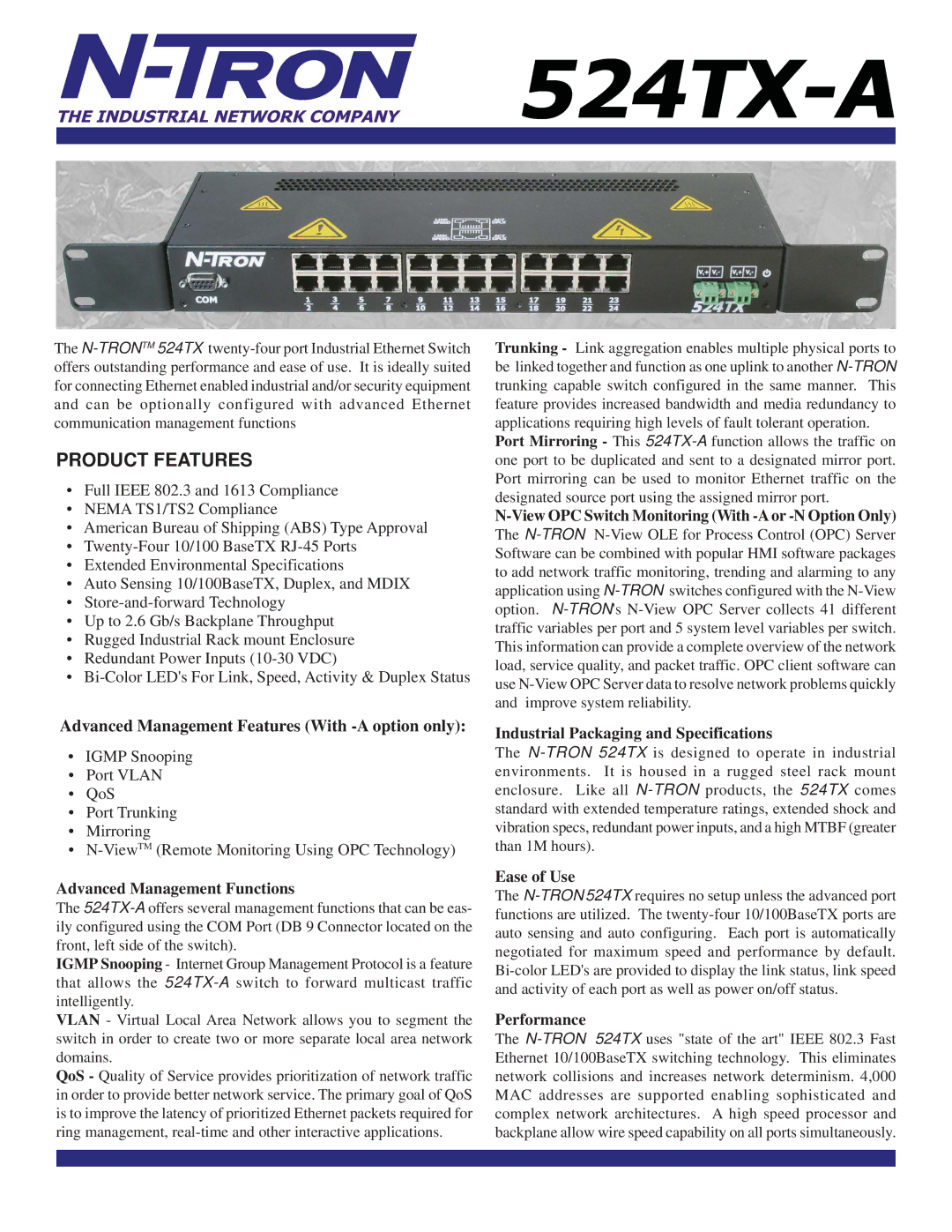 N-Tron 524TX-A specifications Advanced Management Functions, View OPC Switch Monitoring With -Aor -N Option Only 