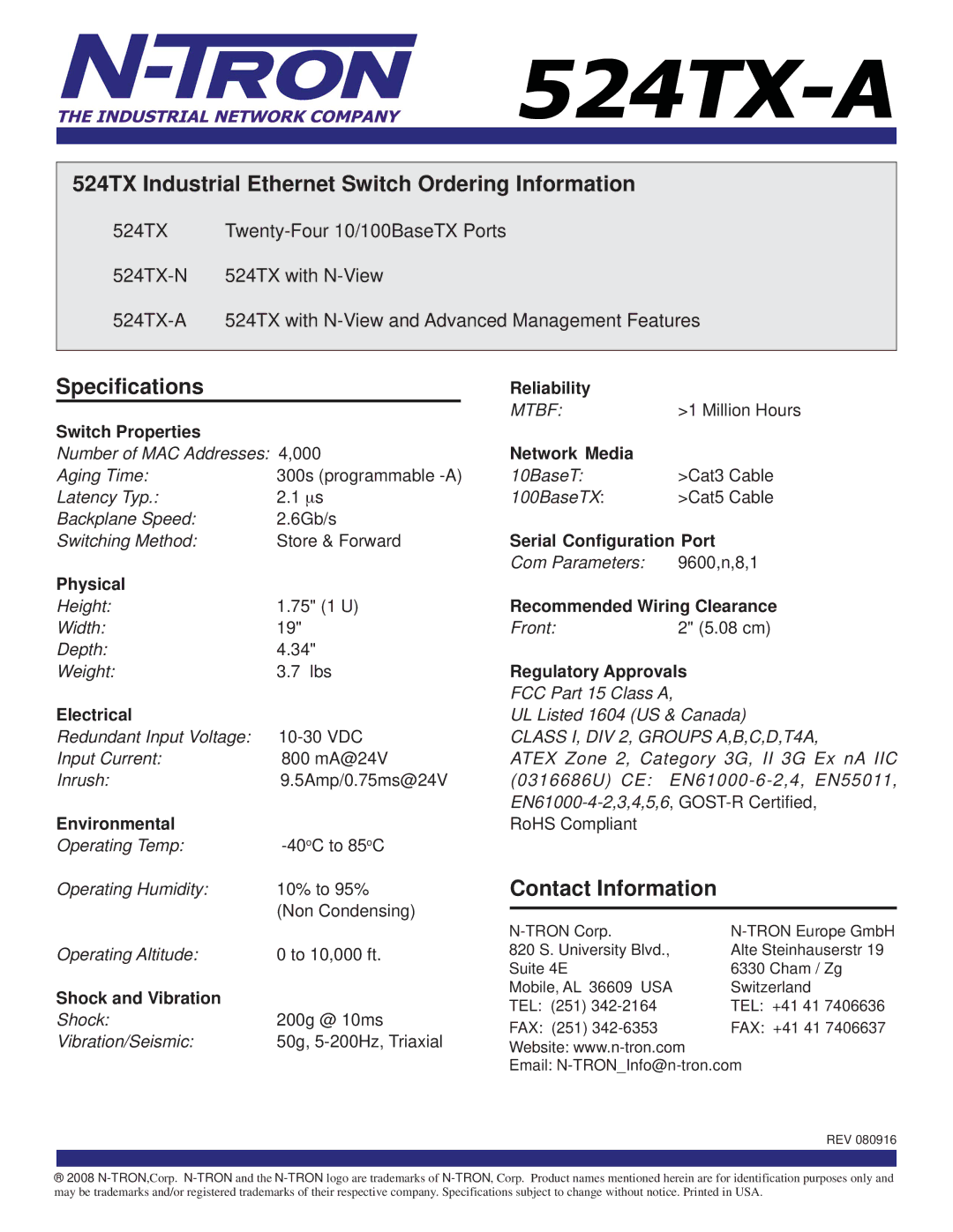 N-Tron 524TX-A specifications 524TX Industrial Ethernet Switch Ordering Information, Contact Information 