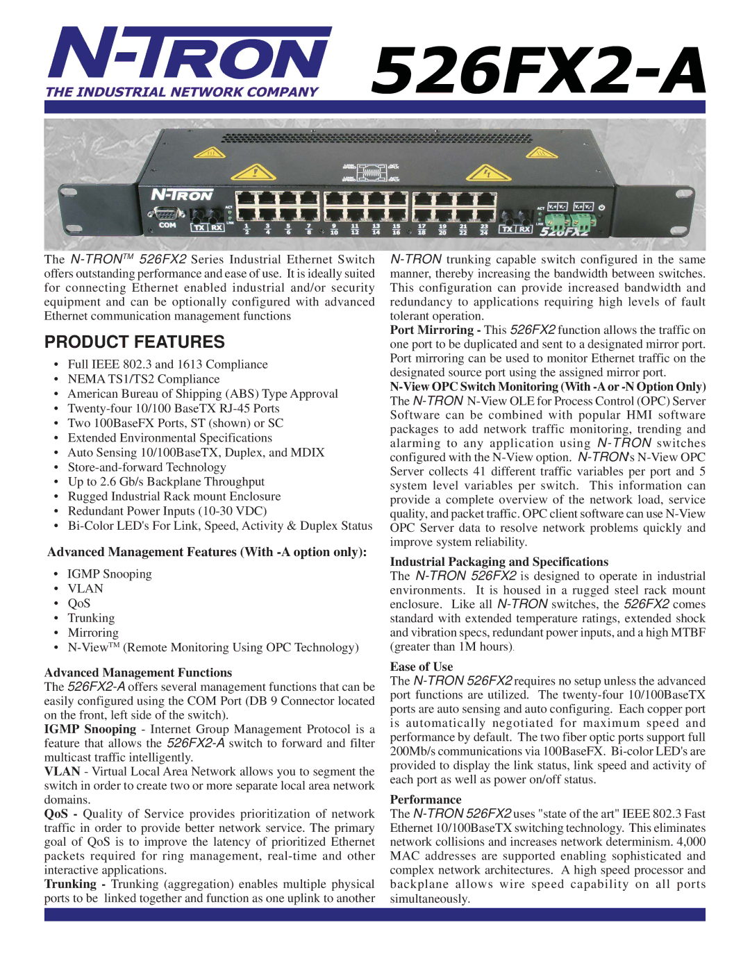 N-Tron 526FX2-A specifications Advanced Management Functions, View OPC Switch Monitoring With -Aor -N Option Only 