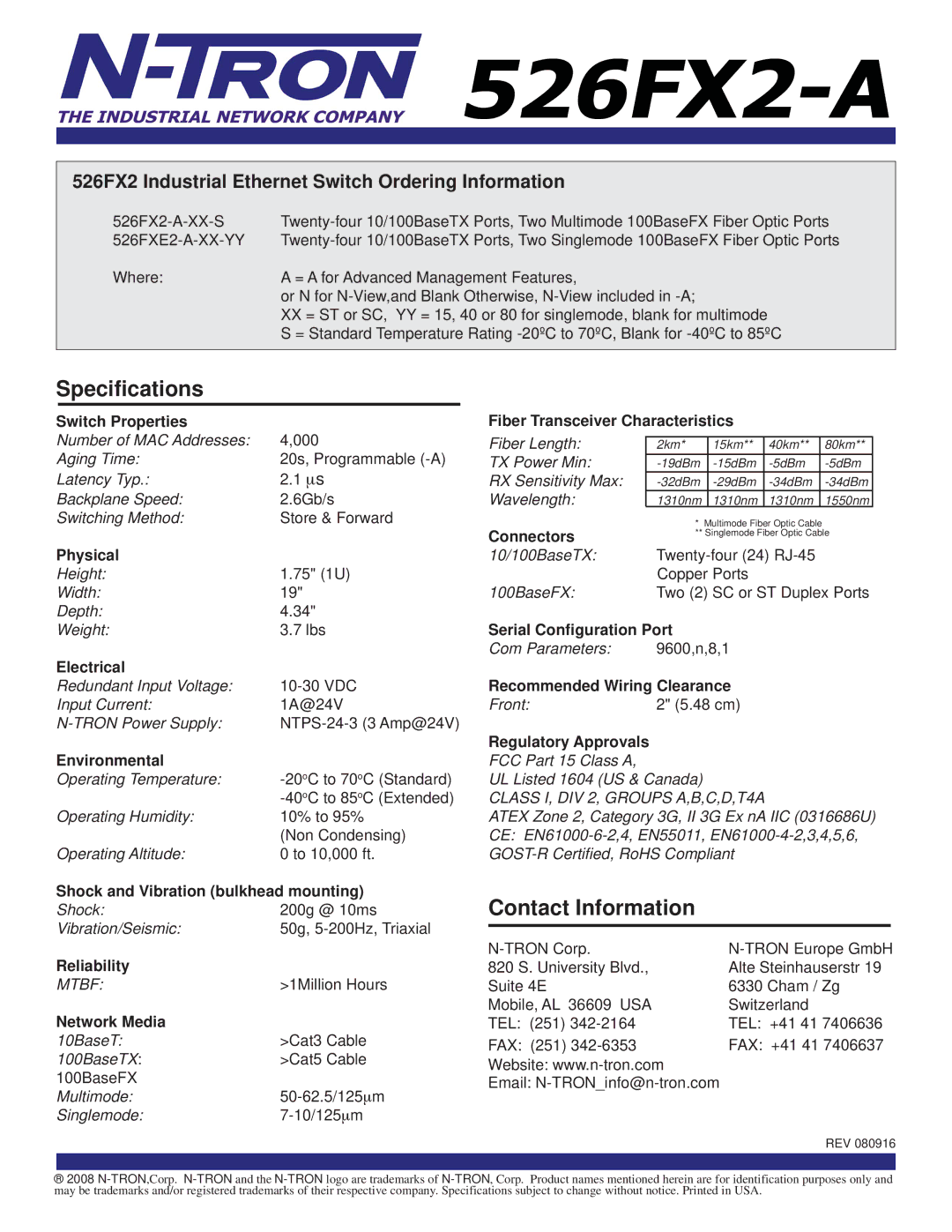 N-Tron 526FX2-A specifications Specifications, Contact Information 