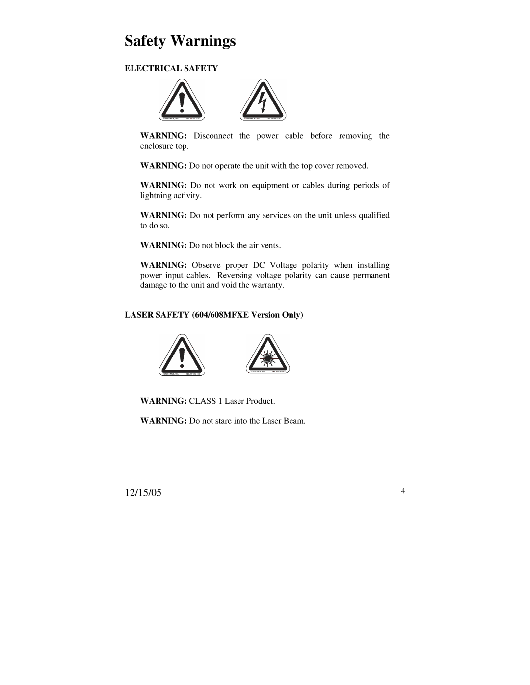 N-Tron 604MFXE-ST-40, 608MFX-ST, 604MFX-ST, 608MFXE-ST-40 manual Electrical Safety, Laser Safety 604/608MFXE Version Only 