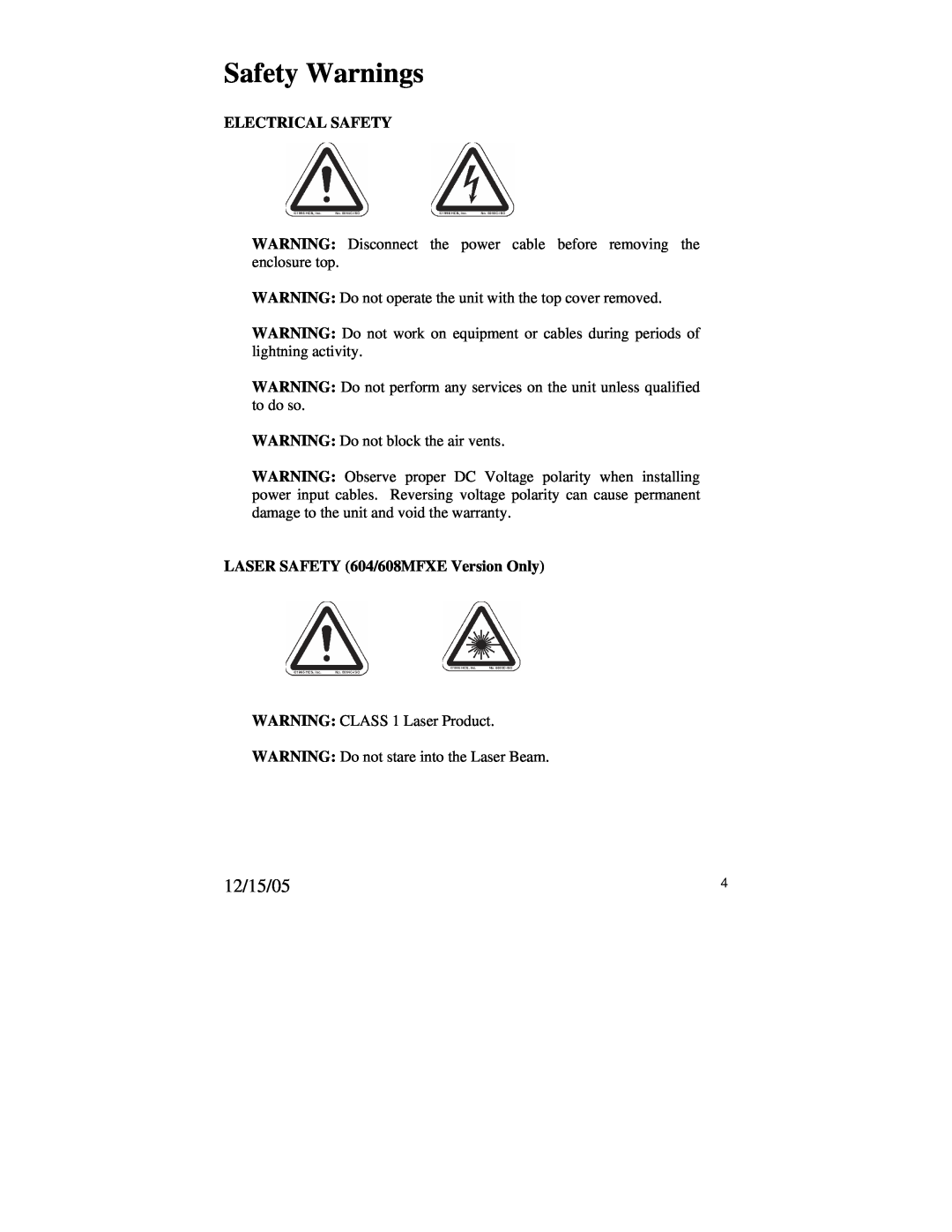 N-Tron 604MFXE-ST-40, 608MFX-ST manual Electrical Safety, LASER SAFETY 604/608MFXE Version Only, Safety Warnings, 12/15/05 