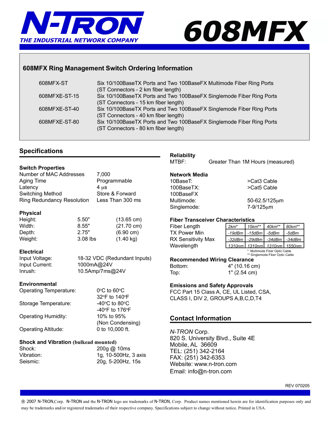 N-Tron specifications 608MFX Ring Management Switch Ordering Information, Specifications, Contact Information 