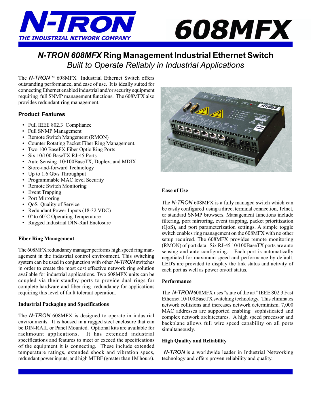 N-Tron specifications N-TRON 608MFX Ring Management Industrial Ethernet Switch, Product Features, Fiber Ring Management 