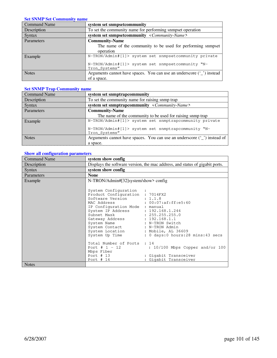 N-Tron 7014FXE2 28/2007 101, Set Snmp Set Community name, Set Snmp Trap Community name, Show all configuration parameters 