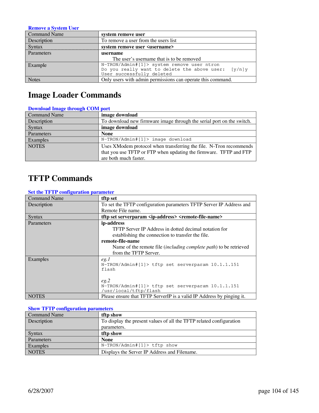 N-Tron 7014FXE2, 7014TX, 7014FX2 user manual Image Loader Commands, Tftp Commands, 28/2007 104 