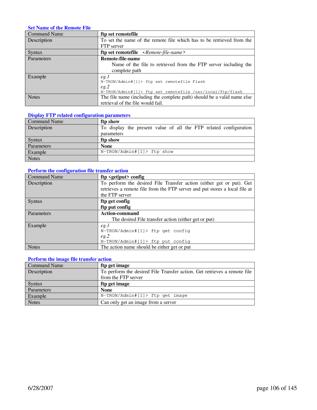 N-Tron 7014FX2, 7014TX, 7014FXE2 28/2007 106, Set Name of the Remote File, Display FTP related configuration parameters 