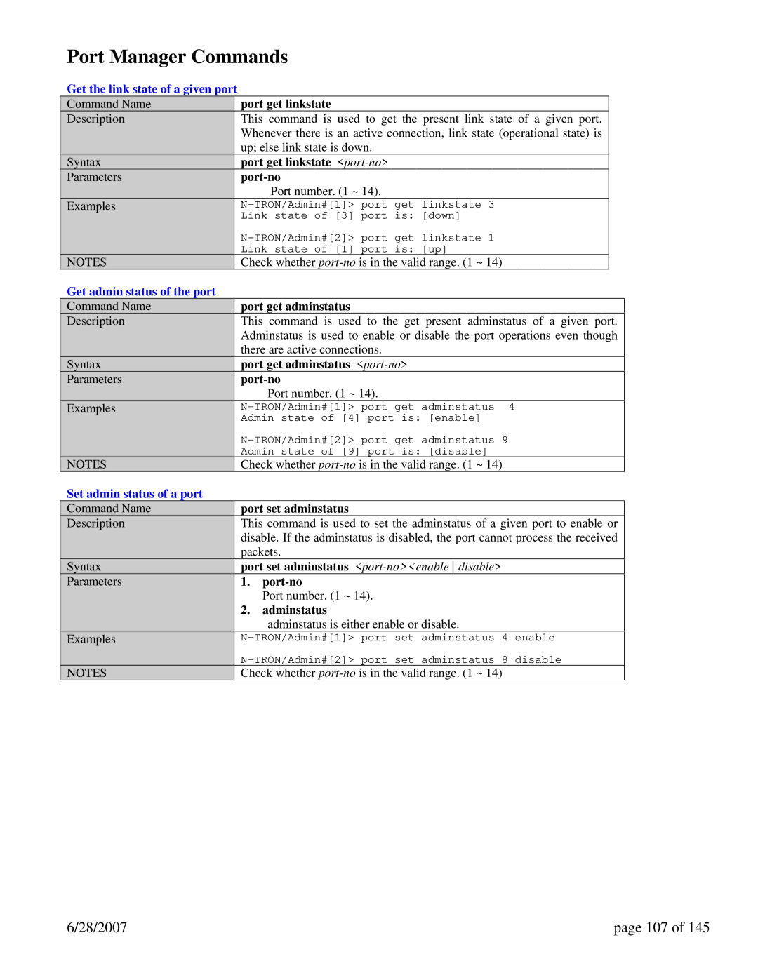 N-Tron 7014FXE2 Port Manager Commands, 28/2007 107, Get the link state of a given port, Get admin status of the port 