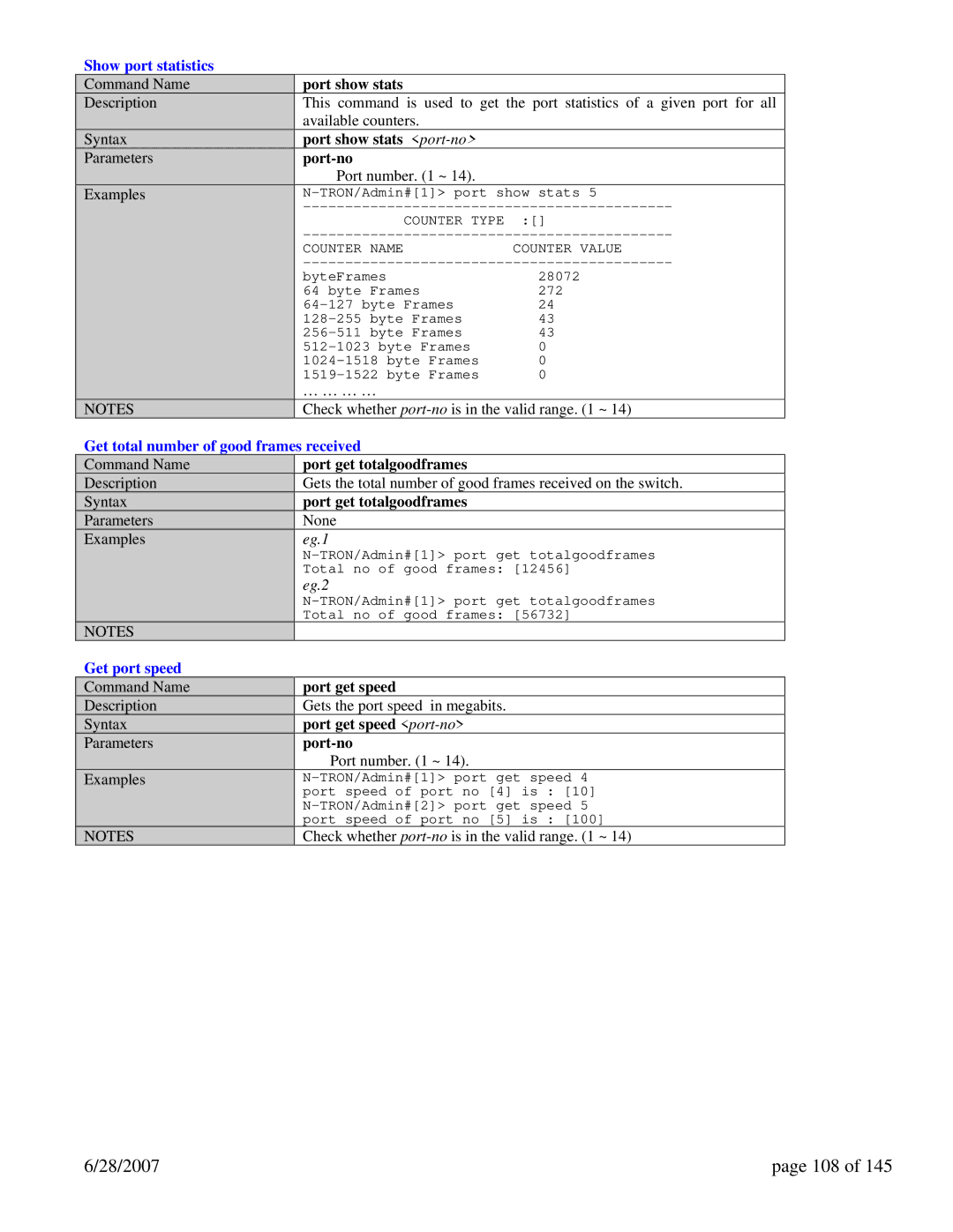 N-Tron 7014TX, 7014FX2 28/2007 108, Show port statistics, Get total number of good frames received, Get port speed 