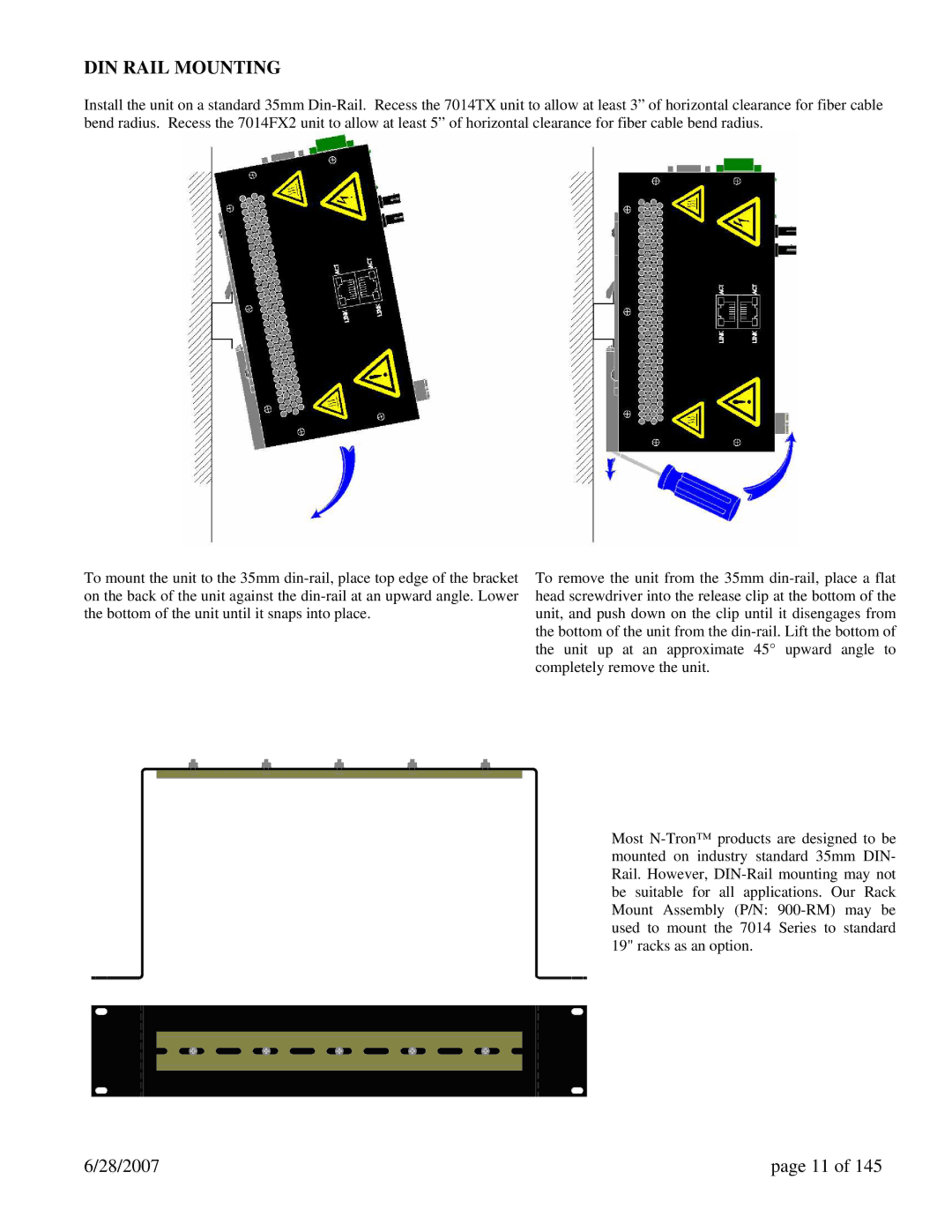 N-Tron 7014FXE2, 7014TX, 7014FX2 user manual DIN Rail Mounting 