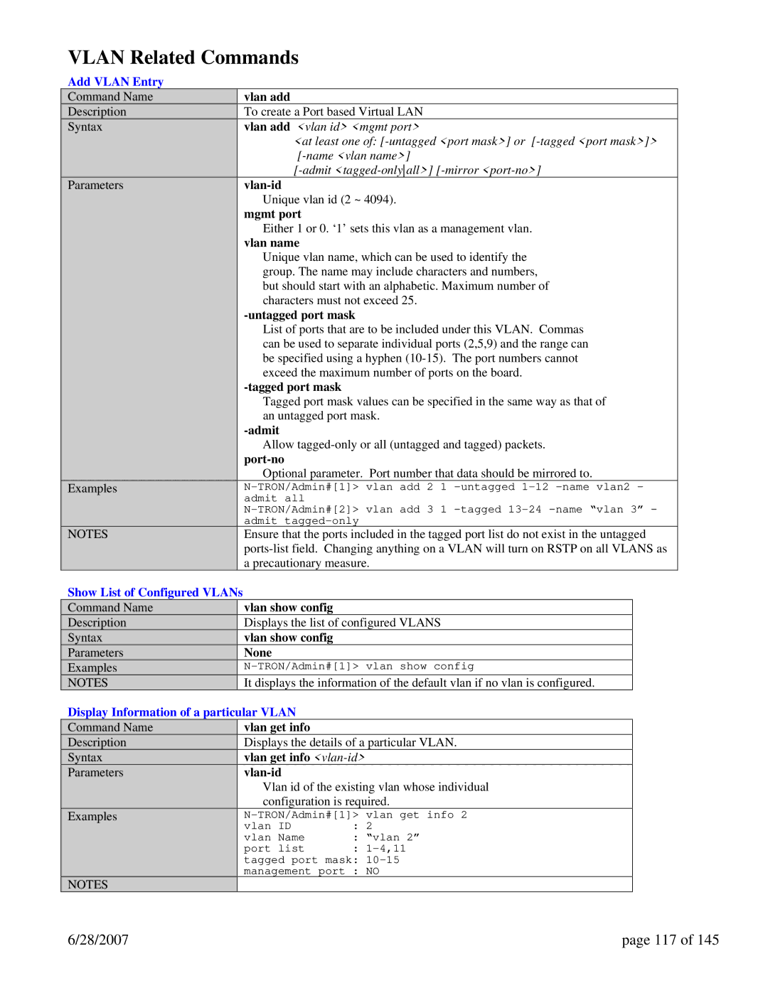 N-Tron 7014TX, 7014FX2, 7014FXE2 Vlan Related Commands, 28/2007 117, Add Vlan Entry, Show List of Configured VLANs 