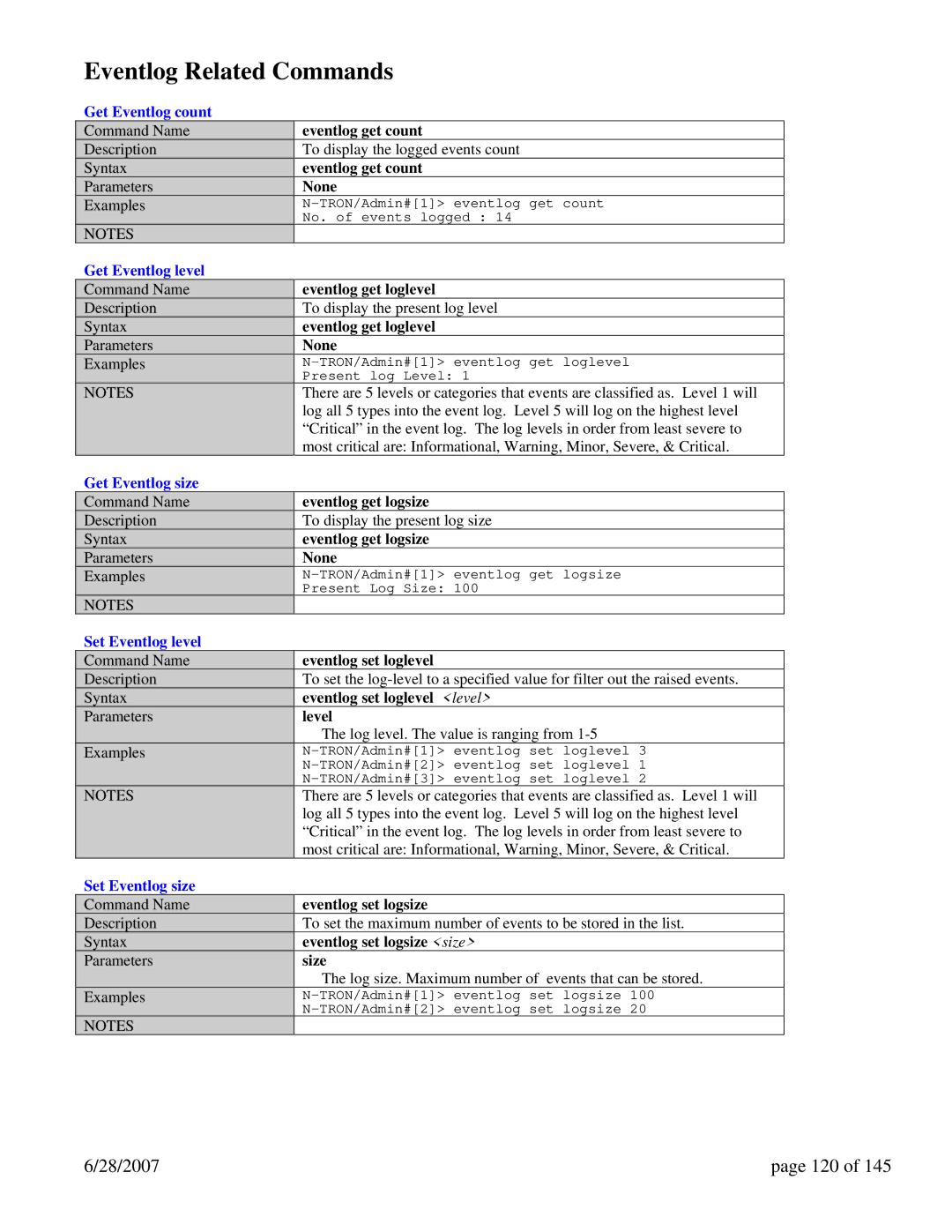 N-Tron 7014TX, 7014FX2, 7014FXE2 user manual Eventlog Related Commands, 28/2007 120 