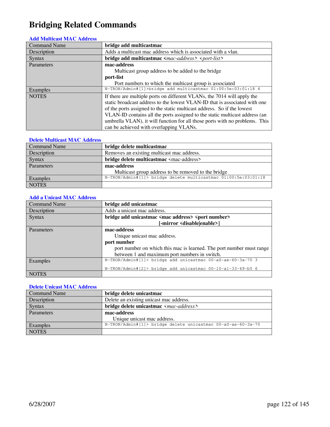 N-Tron 7014FXE2, 7014TX, 7014FX2 user manual Bridging Related Commands, 28/2007 122 