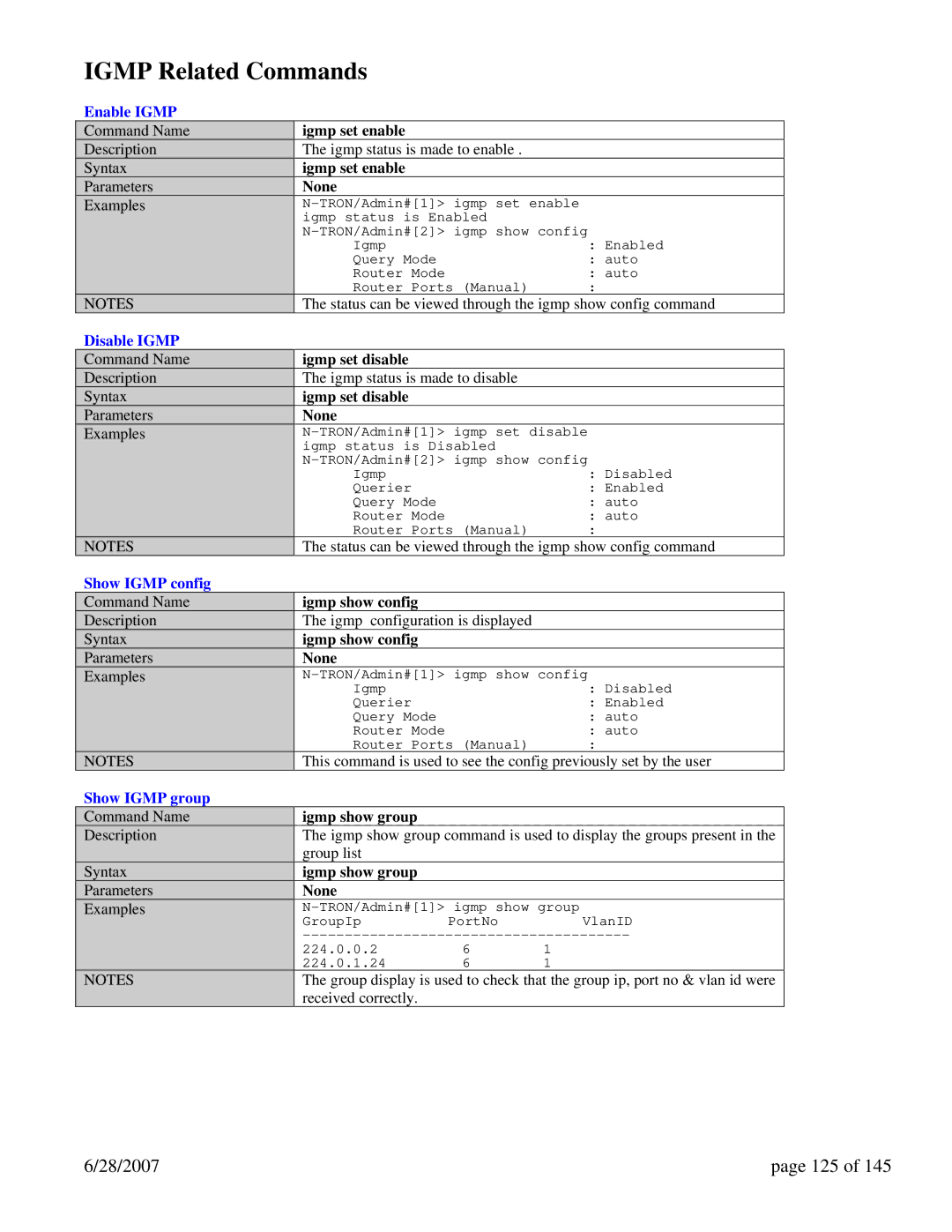 N-Tron 7014FXE2, 7014TX, 7014FX2 user manual Igmp Related Commands, 28/2007 125 