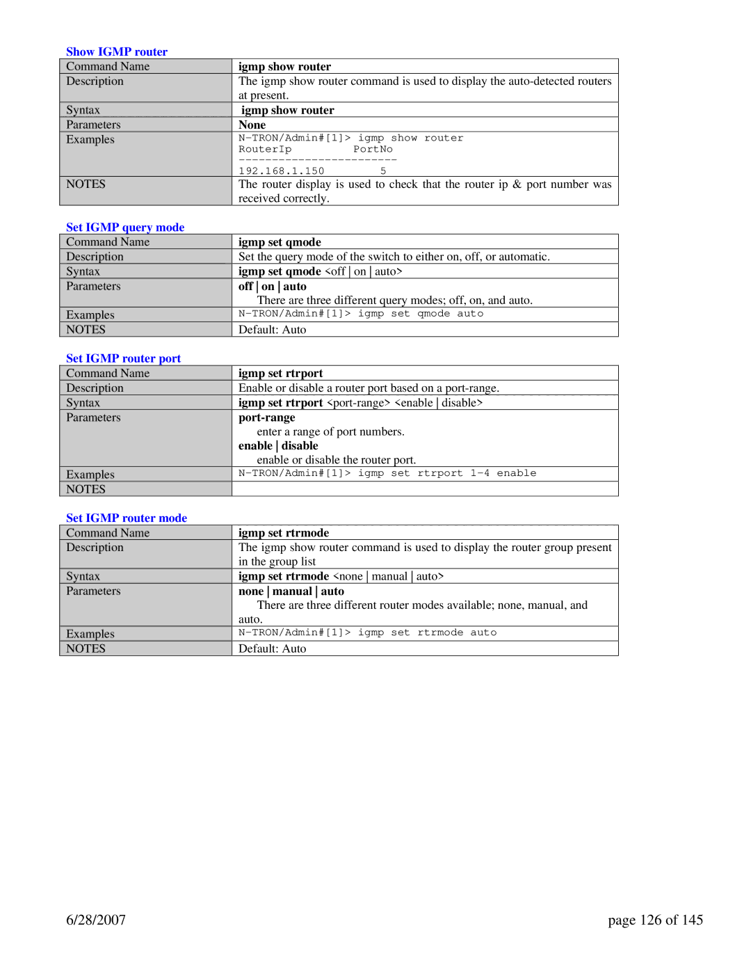 N-Tron 7014TX, 7014FX2 28/2007 126, Show Igmp router, Set Igmp query mode, Set Igmp router port, Set Igmp router mode 