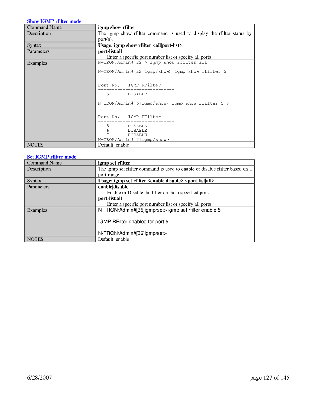 N-Tron 7014FX2, 7014TX, 7014FXE2 user manual 28/2007 127, Show Igmp rfilter mode, Set Igmp rfilter mode 