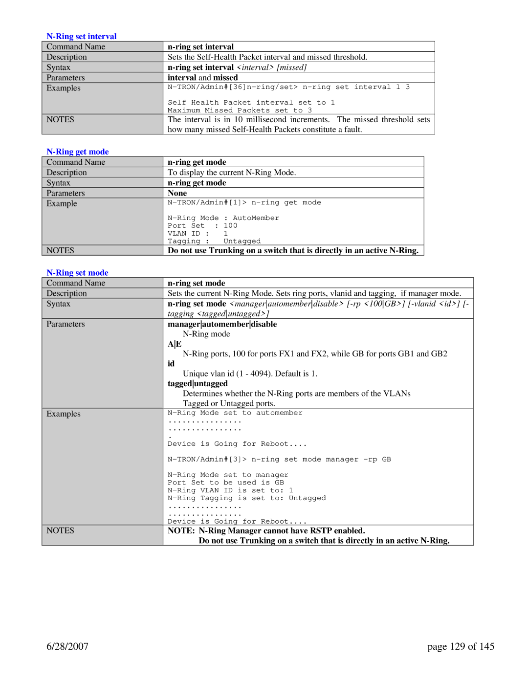 N-Tron 7014TX, 7014FX2, 7014FXE2 user manual 28/2007 129, Ring set interval, Ring get mode, Ring set mode 