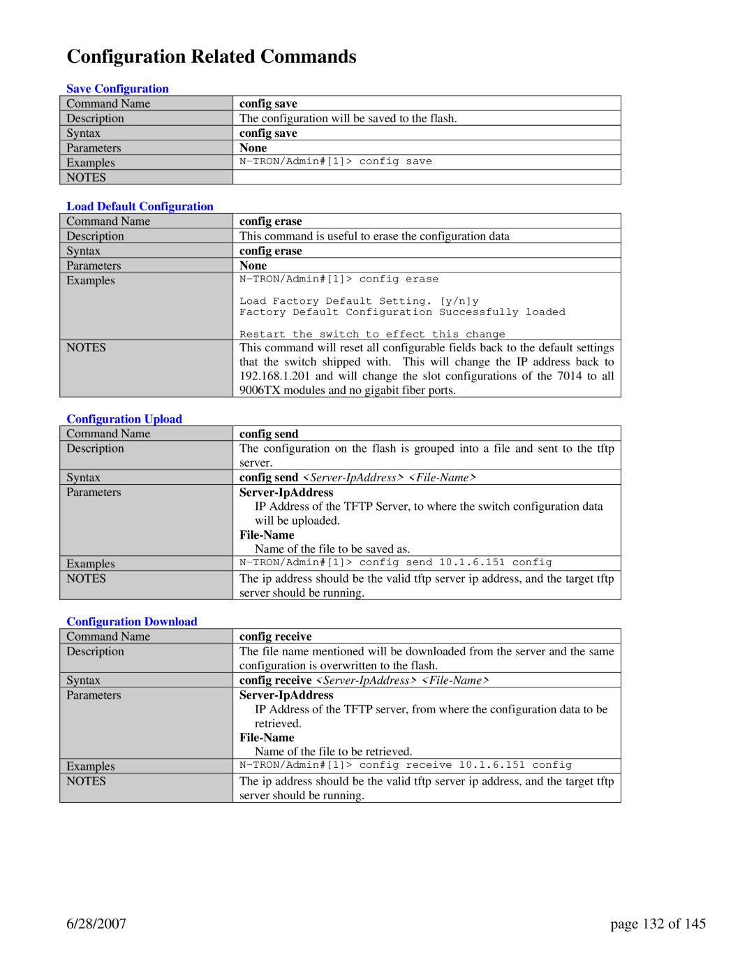 N-Tron 7014TX, 7014FX2, 7014FXE2 user manual Configuration Related Commands, 28/2007 132 