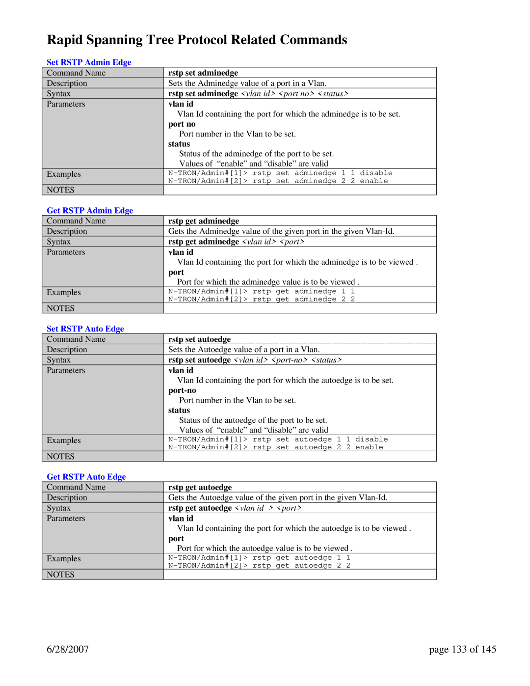 N-Tron 7014FX2, 7014TX, 7014FXE2 user manual Rapid Spanning Tree Protocol Related Commands, 28/2007 133 