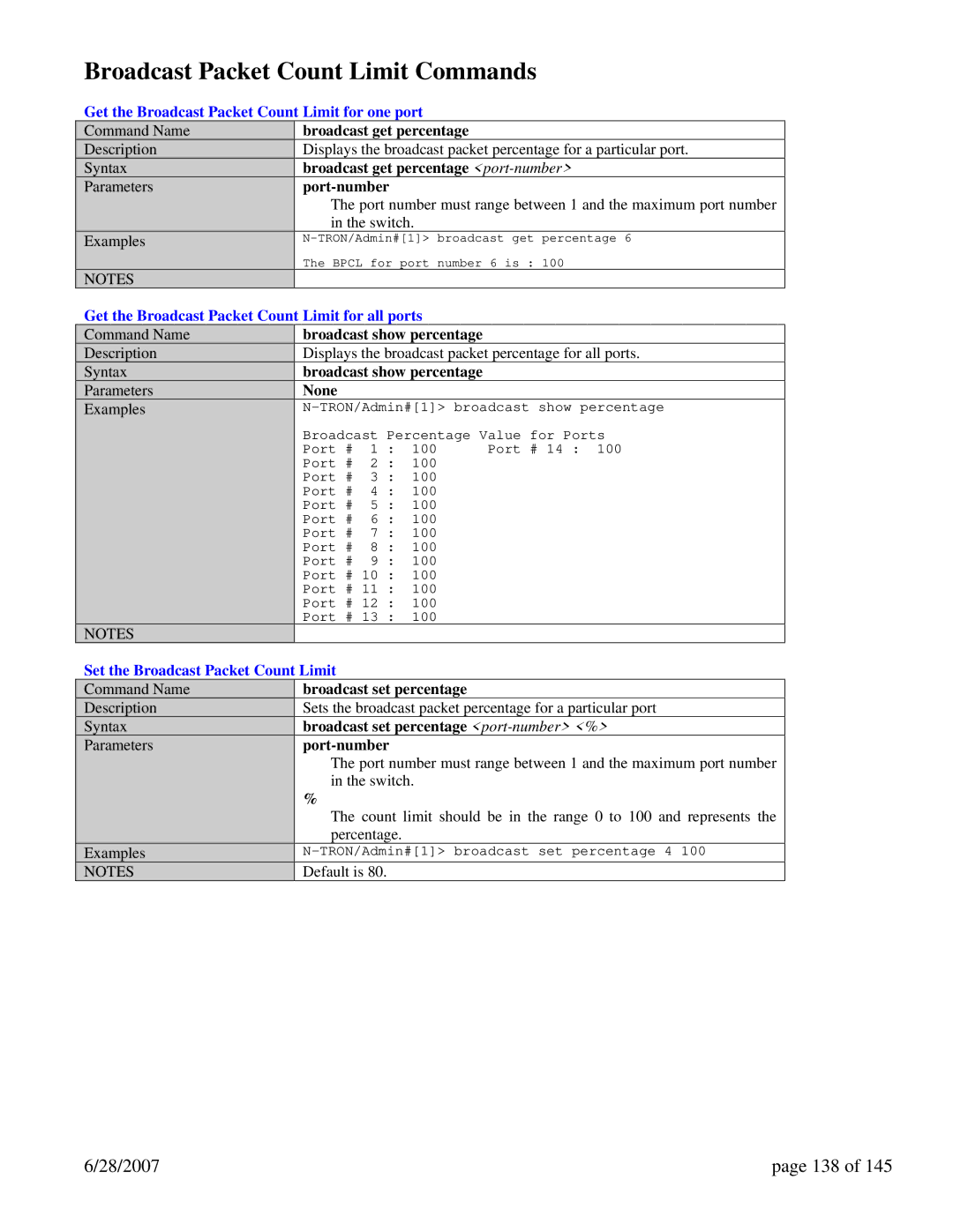 N-Tron 7014TX Broadcast Packet Count Limit Commands, 28/2007 138, Get the Broadcast Packet Count Limit for one port 