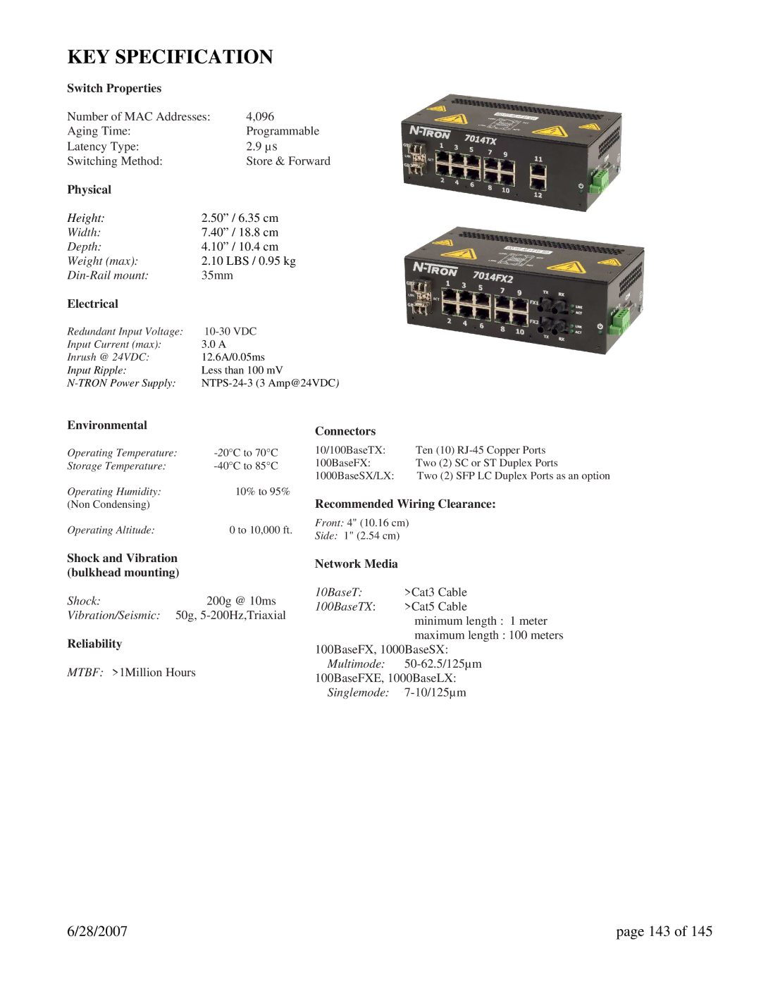 N-Tron 7014FXE2, 7014TX, 7014FX2 user manual KEY Specification, 28/2007 143 