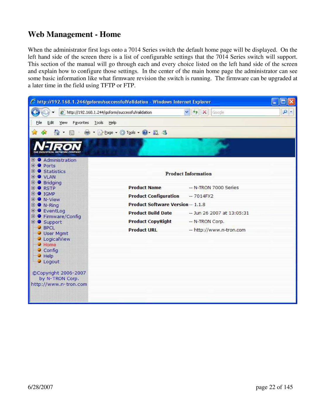 N-Tron 7014FX2, 7014TX, 7014FXE2 user manual Web Management Home 