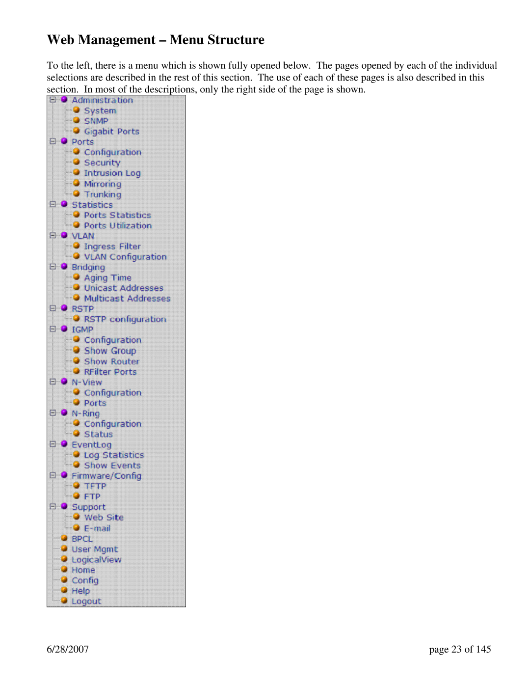 N-Tron 7014FXE2, 7014TX, 7014FX2 user manual Web Management Menu Structure 