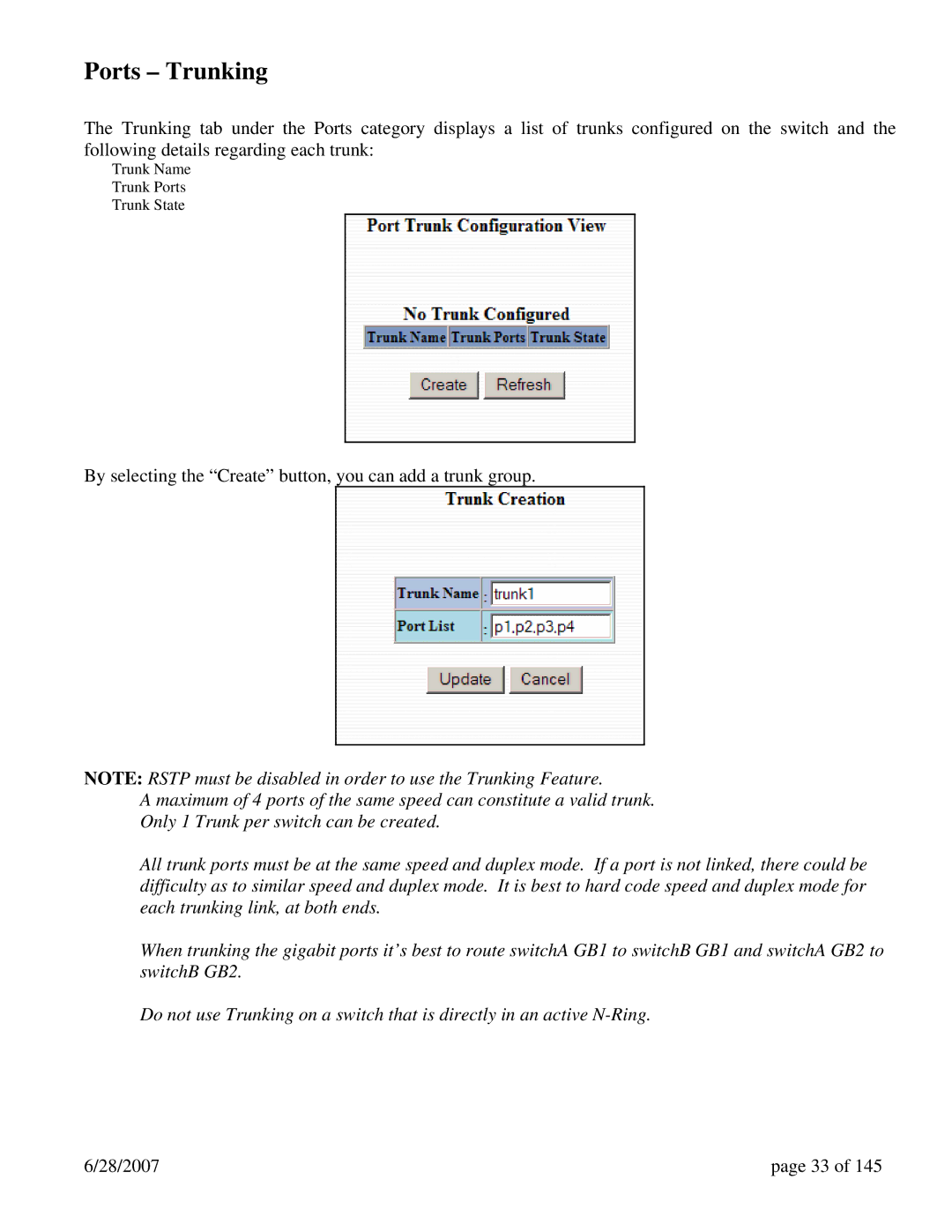 N-Tron 7014TX, 7014FX2, 7014FXE2 user manual Ports Trunking, By selecting the Create button, you can add a tru nk group 