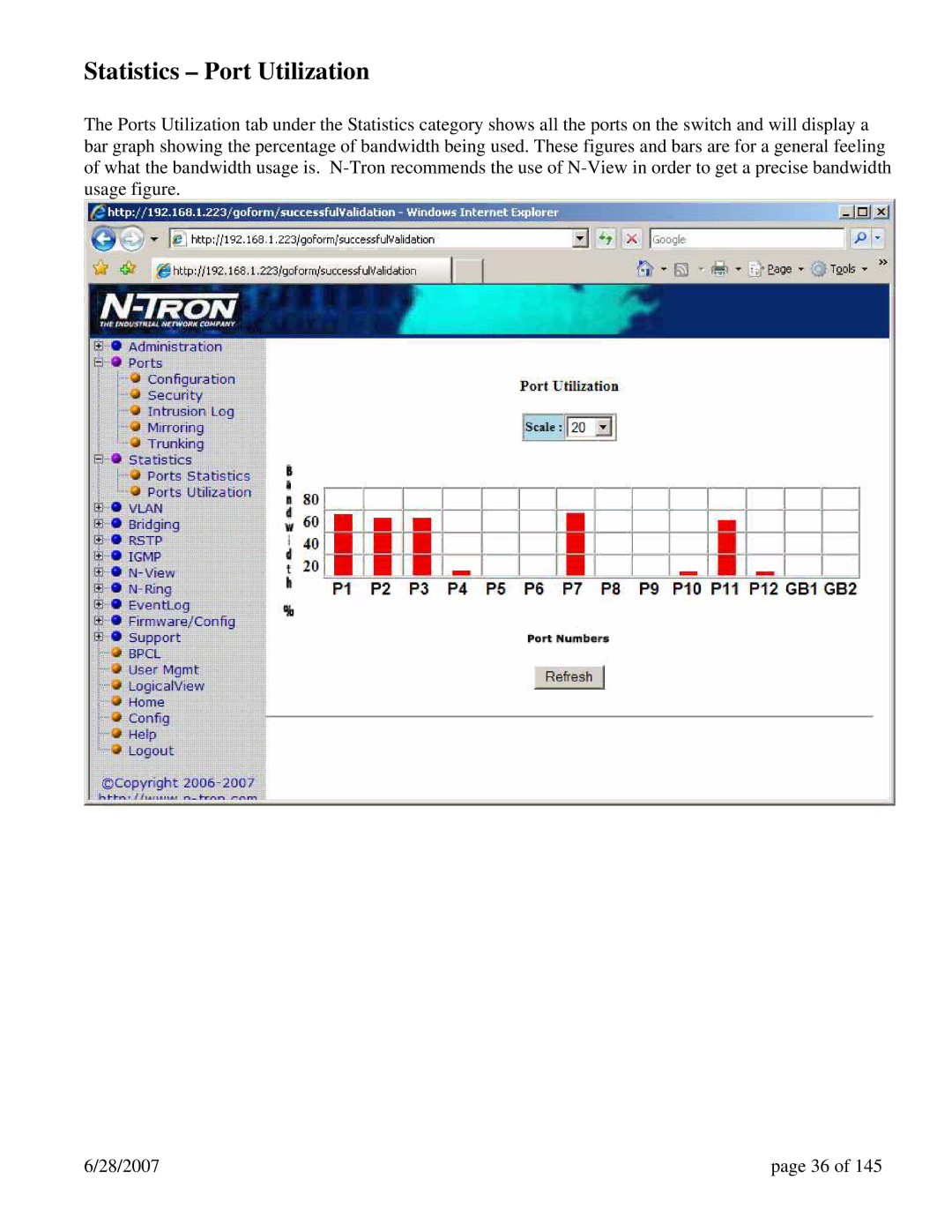 N-Tron 7014TX, 7014FX2, 7014FXE2 user manual Statistics Port Utilization 