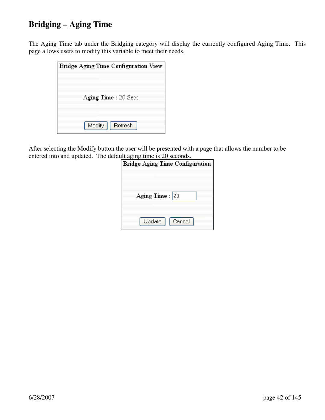 N-Tron 7014TX, 7014FX2, 7014FXE2 user manual Bridging Aging Time 