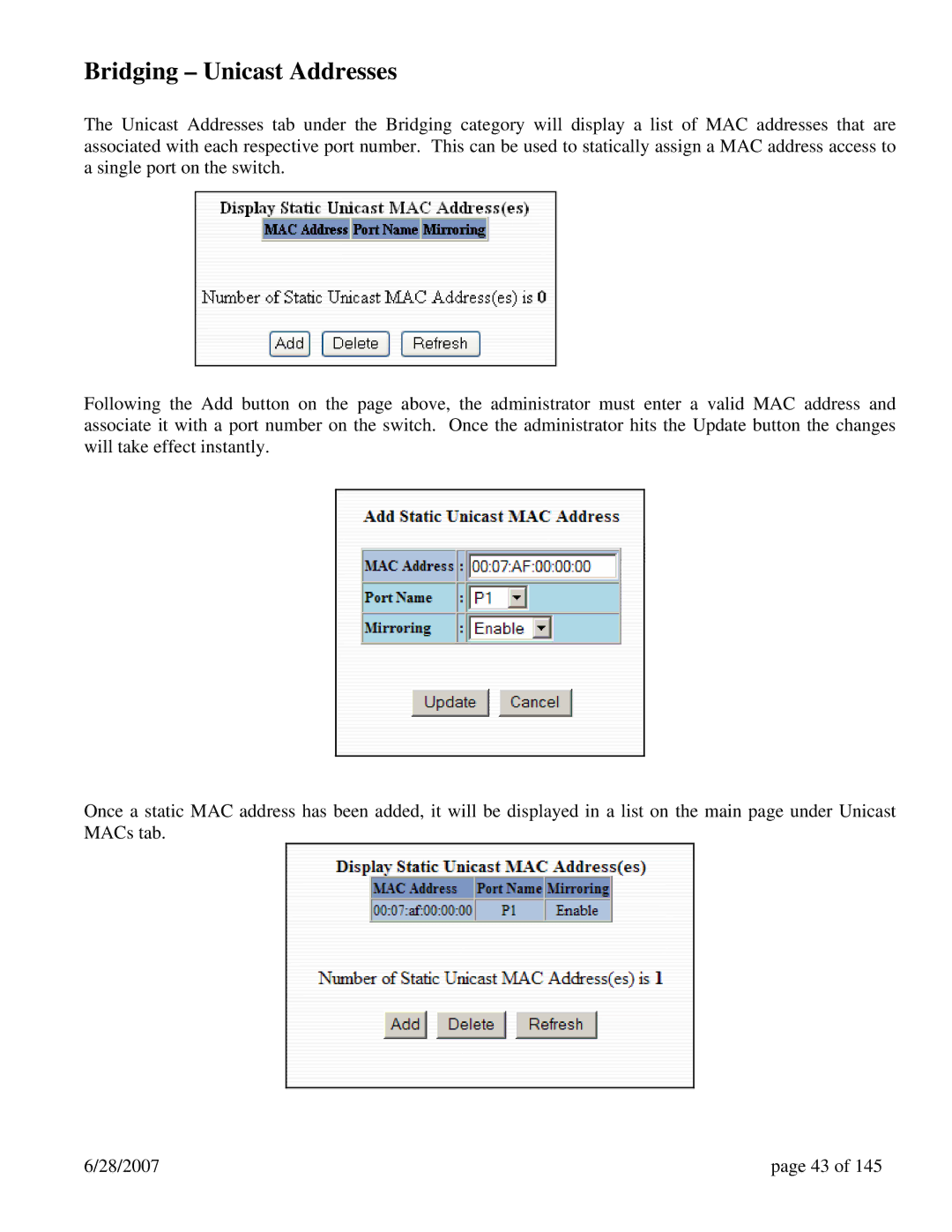 N-Tron 7014FX2, 7014TX, 7014FXE2 user manual Bridging Unicast Addresses 