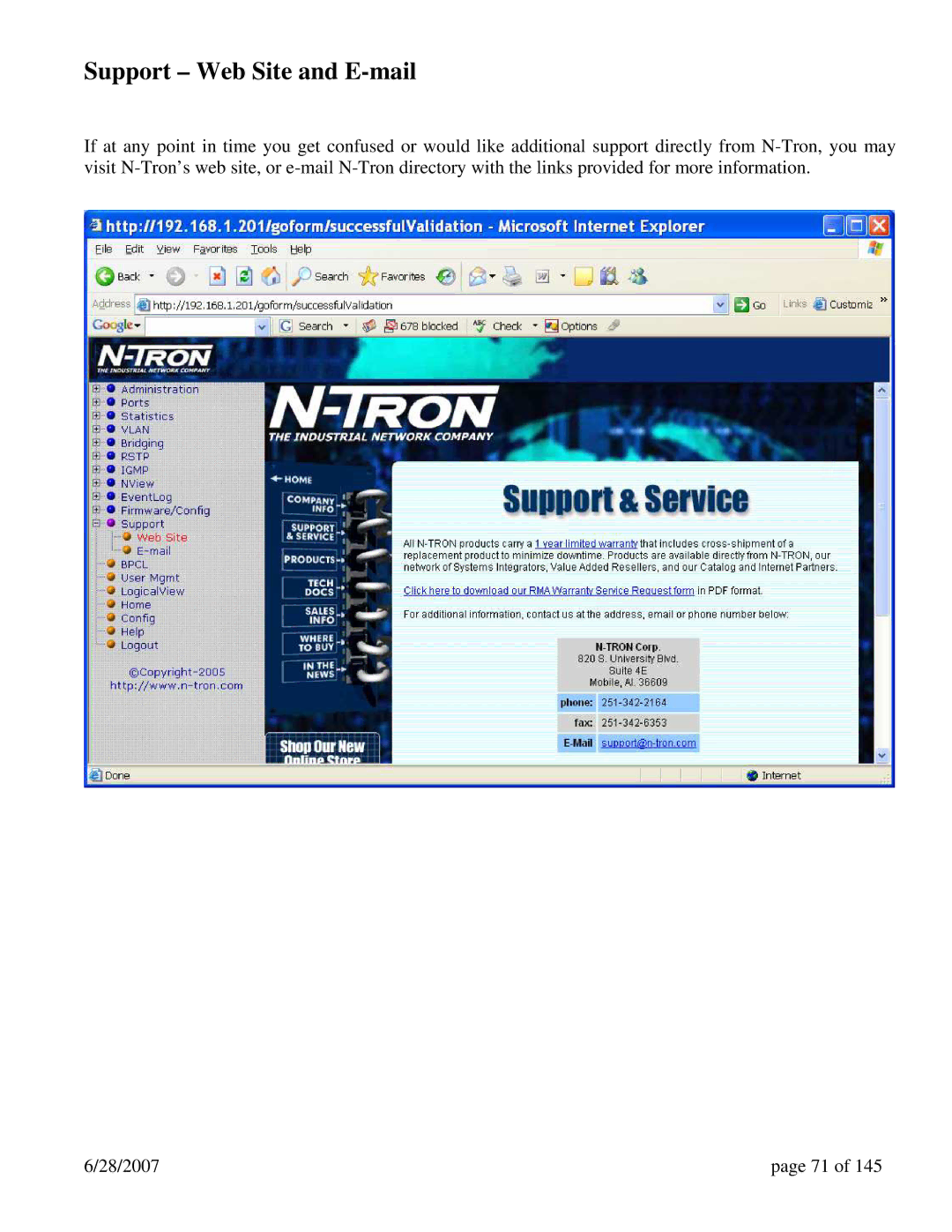 N-Tron 7014FXE2, 7014TX, 7014FX2 user manual Support Web Site and E-mail 