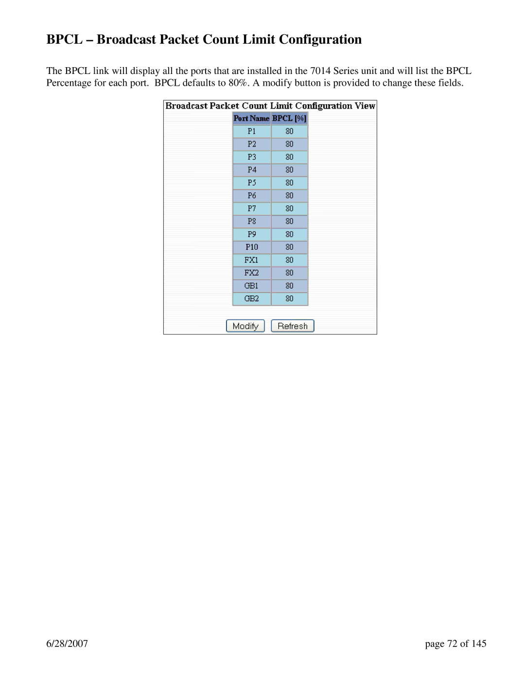 N-Tron 7014TX, 7014FX2, 7014FXE2 user manual Bpcl Broadcast Packet Count Limit Configuration 