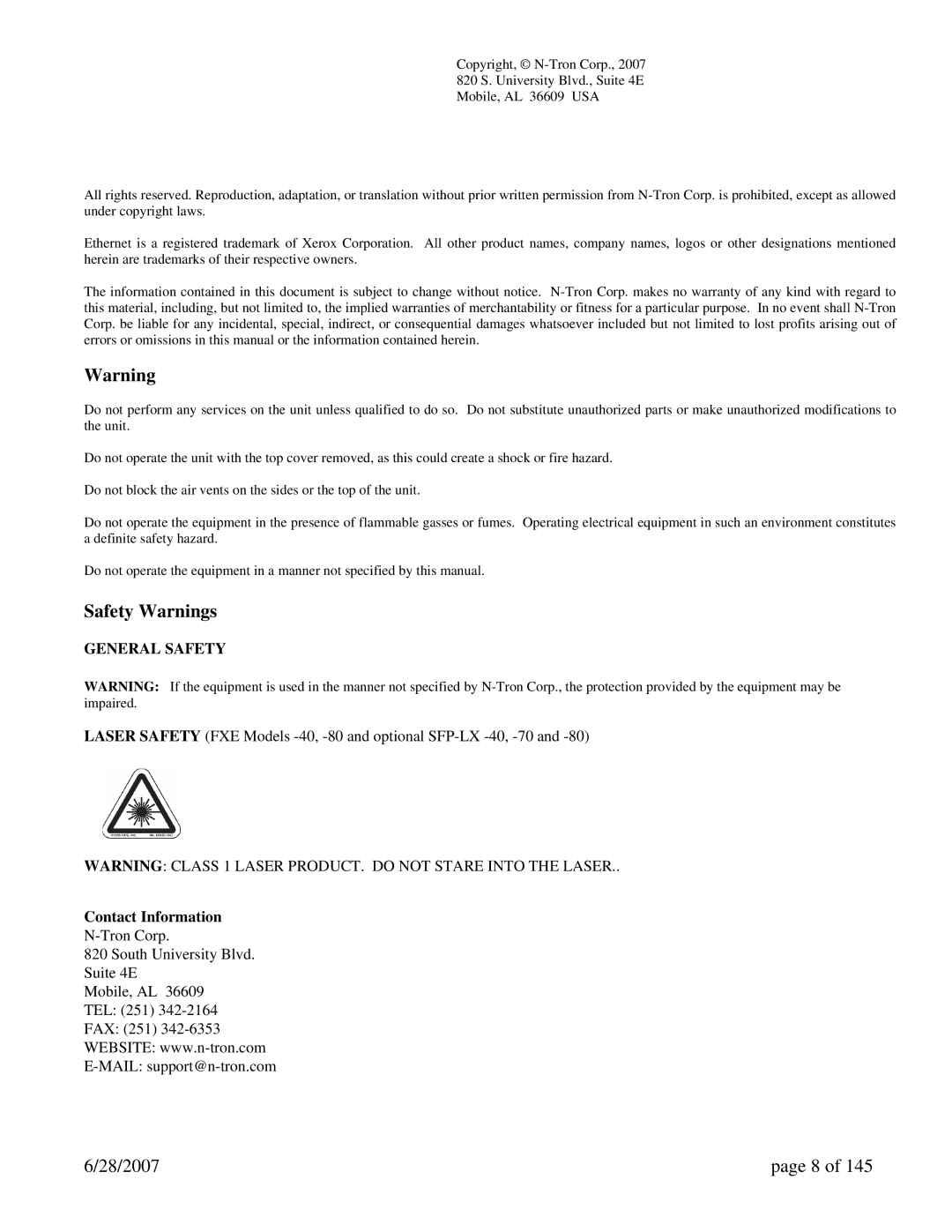 N-Tron 7014FXE2, 7014TX, 7014FX2 user manual Safety Warnings, Contact Information 