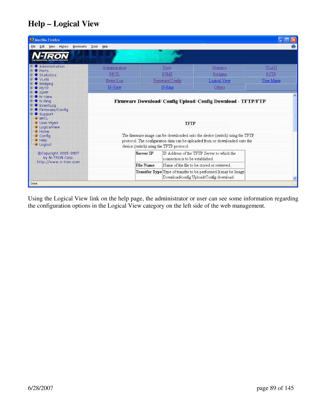 N-Tron 7014FXE2, 7014TX, 7014FX2 user manual Help Logical View 