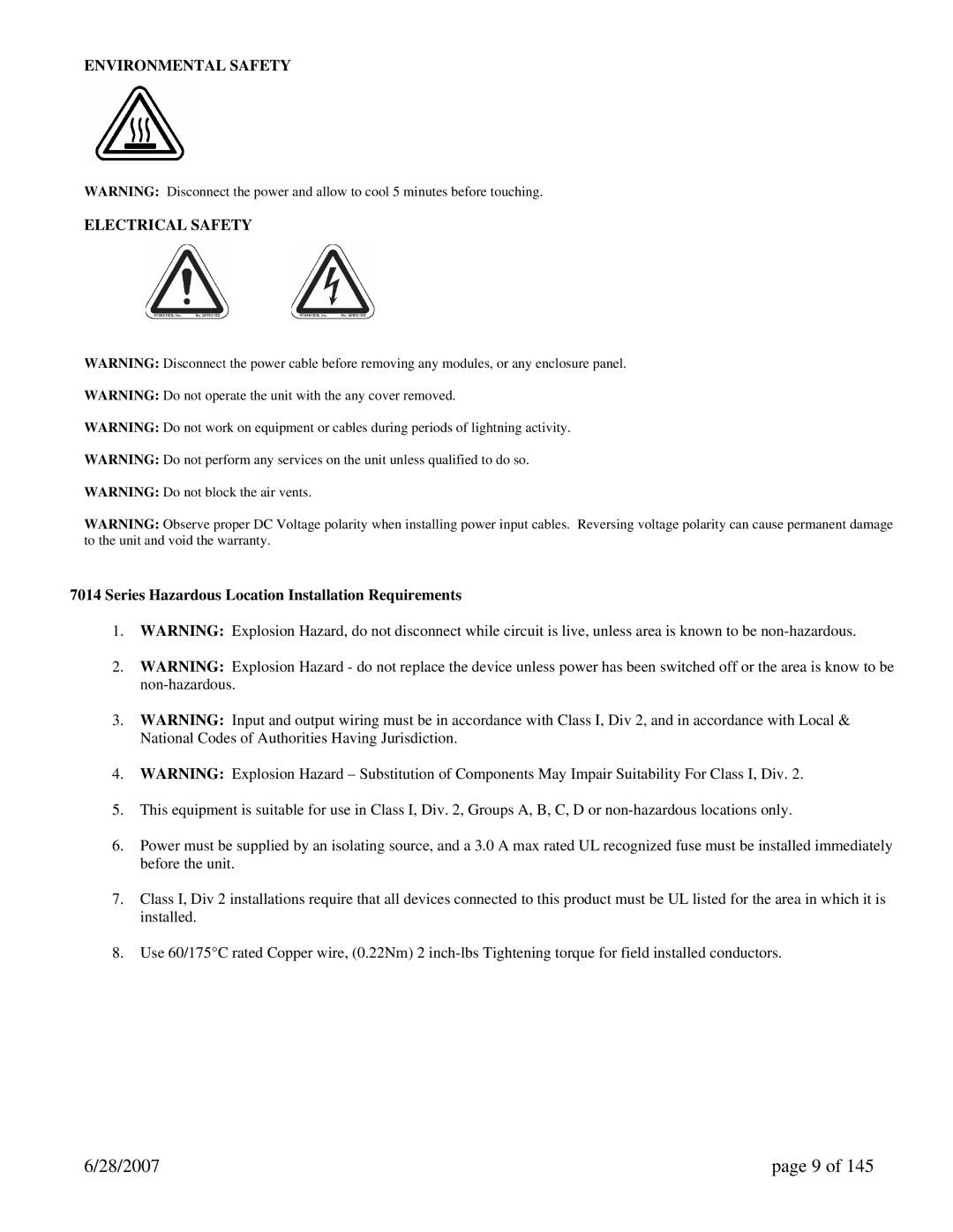 N-Tron 7014TX, 7014FX2 Environmental Safety Electrical Safety, Series Hazardous Location Installation Requirements 