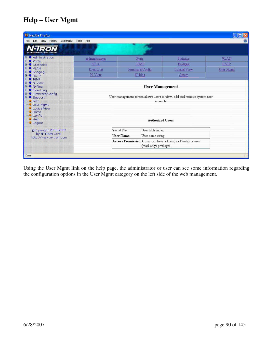 N-Tron 7014TX, 7014FX2, 7014FXE2 user manual Help User Mgmt 