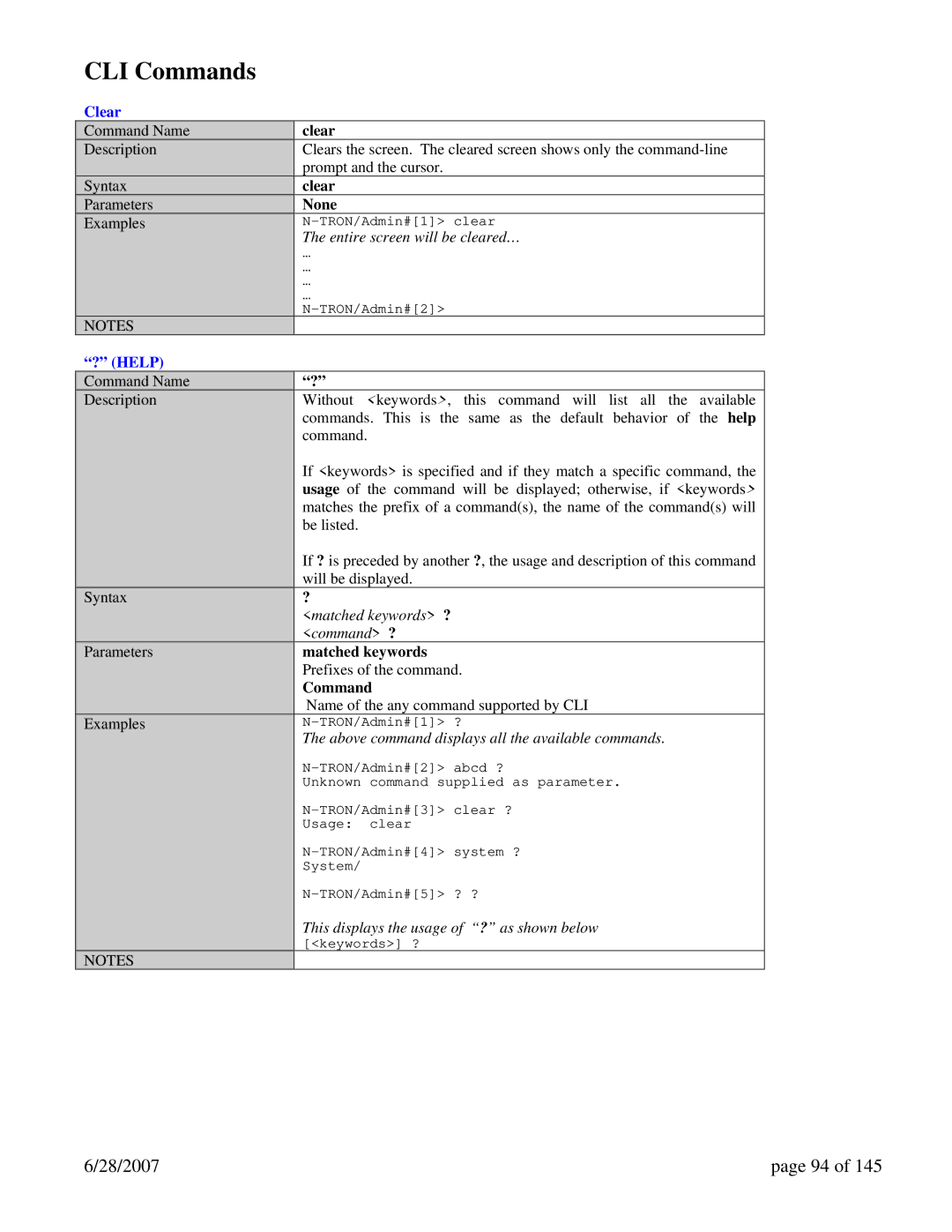 N-Tron 7014FX2, 7014TX, 7014FXE2 user manual CLI Commands, Clear, ? Help 