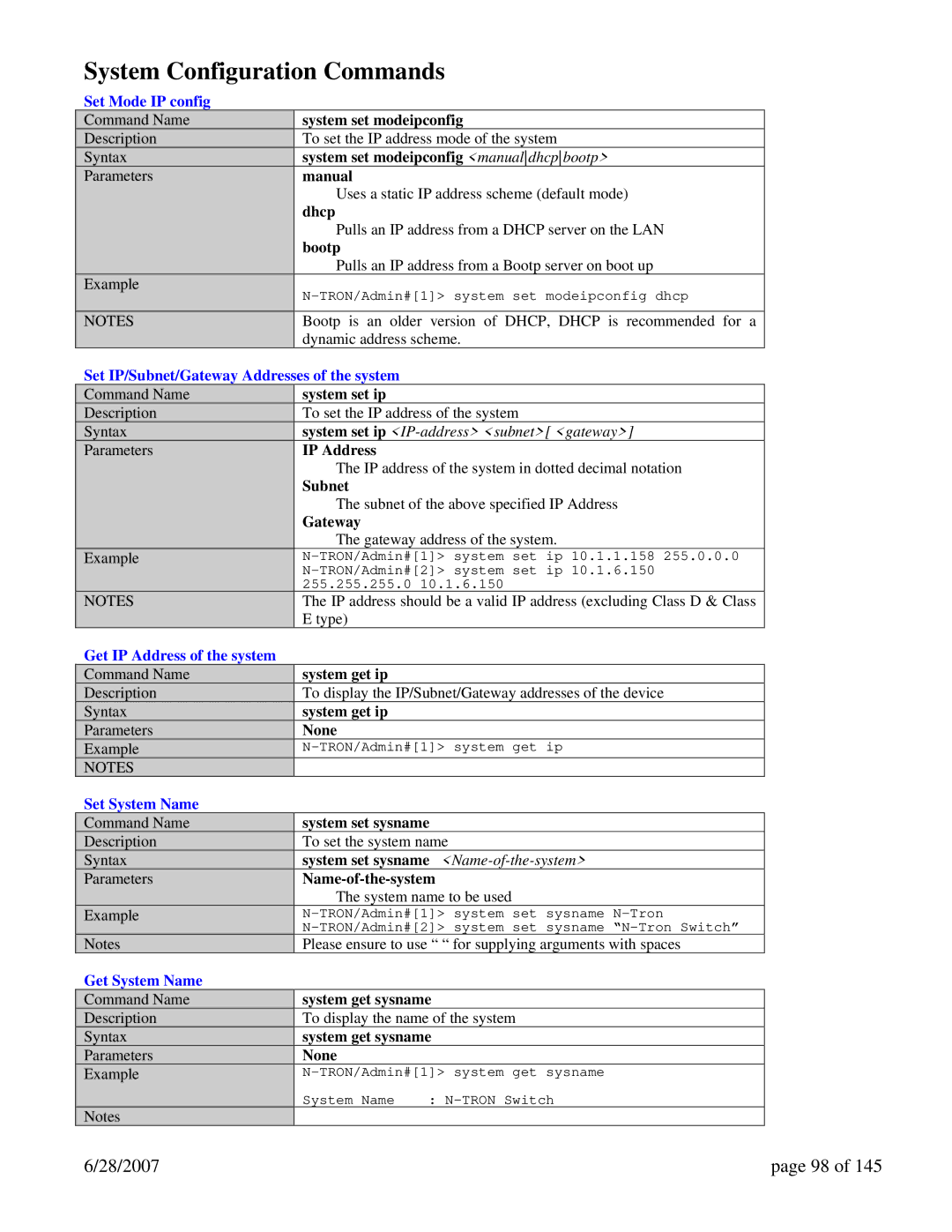 N-Tron 7014FXE2, 7014TX, 7014FX2 user manual System Configuration Commands 