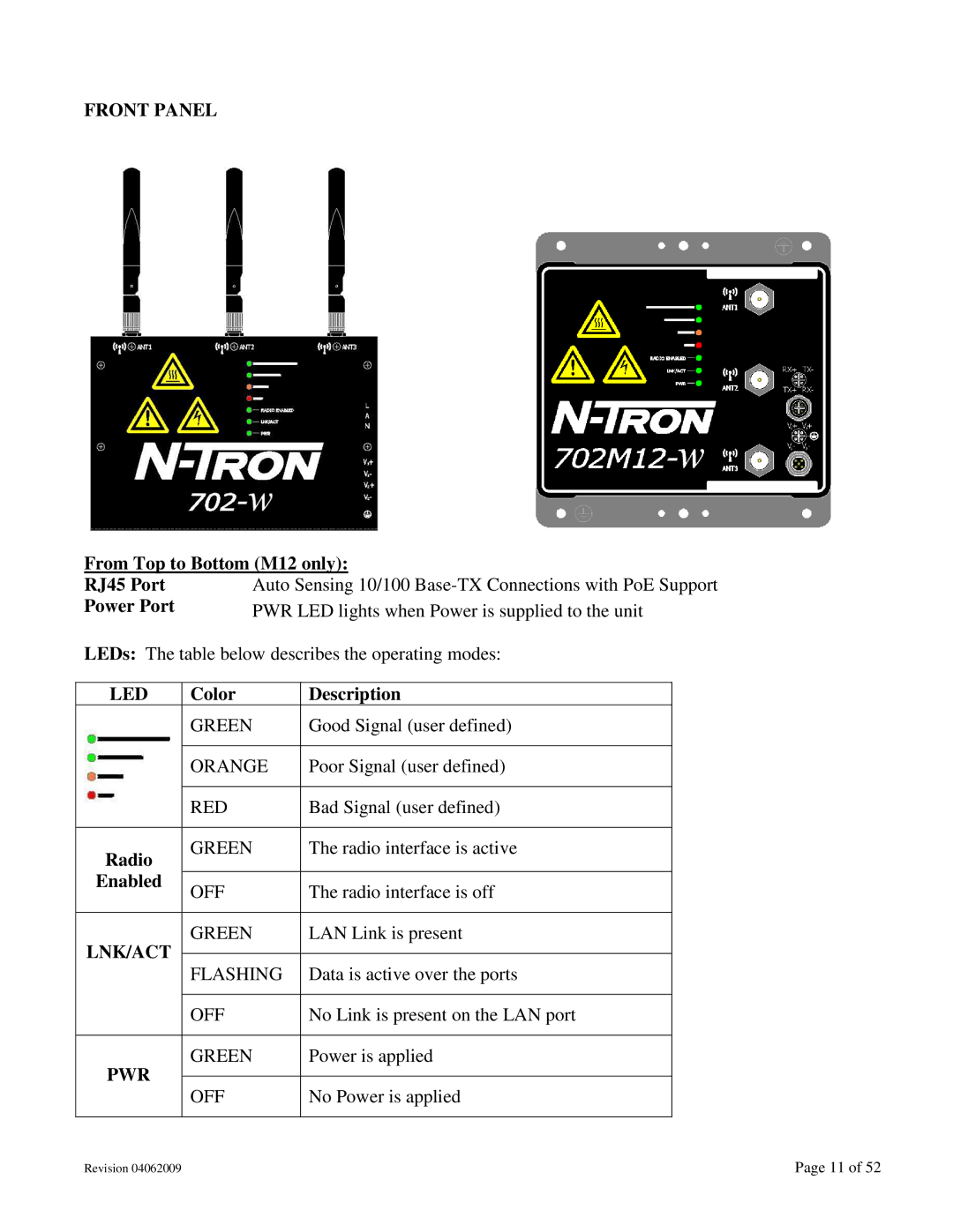 N-Tron 702M12-W user manual Front Panel, Led, Lnk/Act, Pwr 