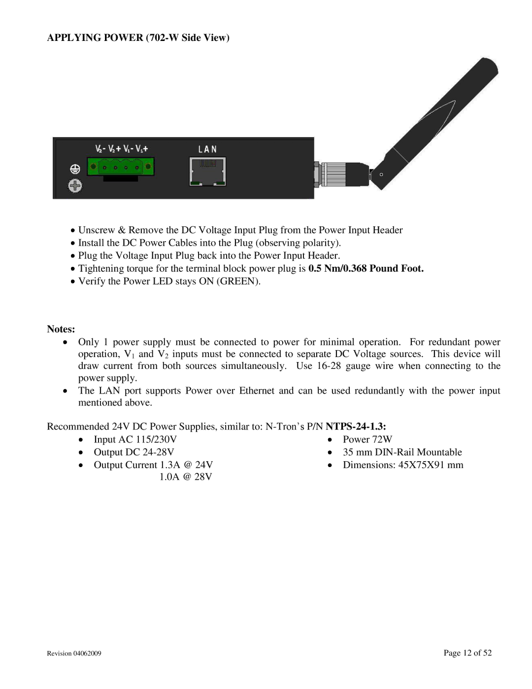 N-Tron 702M12-W user manual Applying Power 702-W Side View 