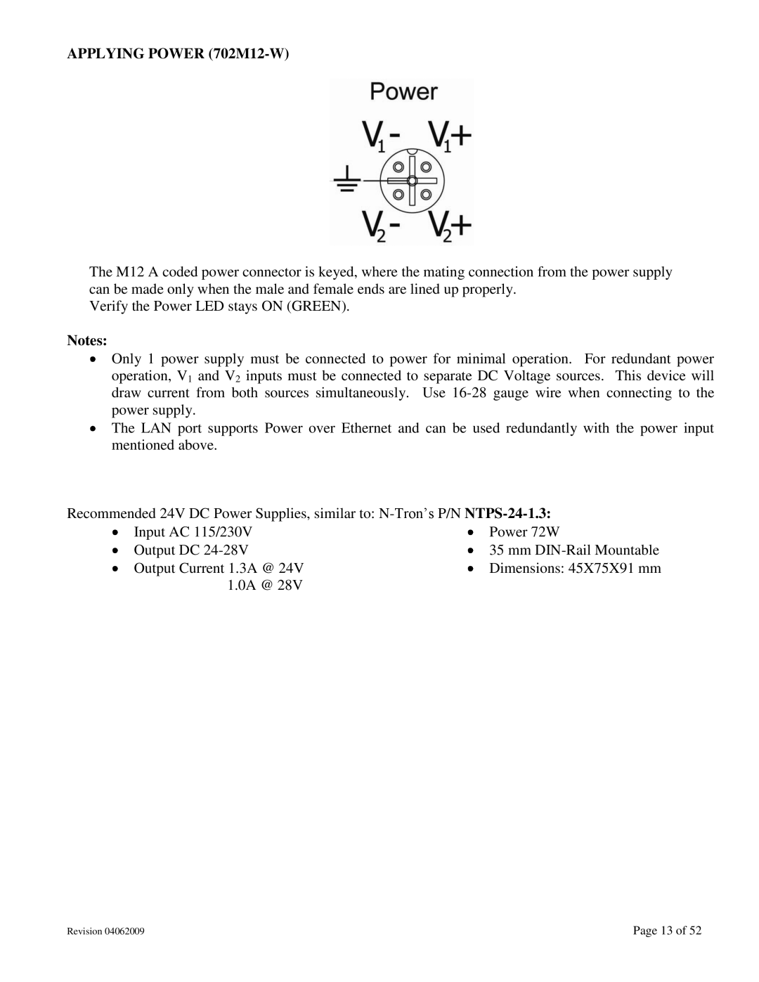 N-Tron user manual Applying Power 702M12-W 